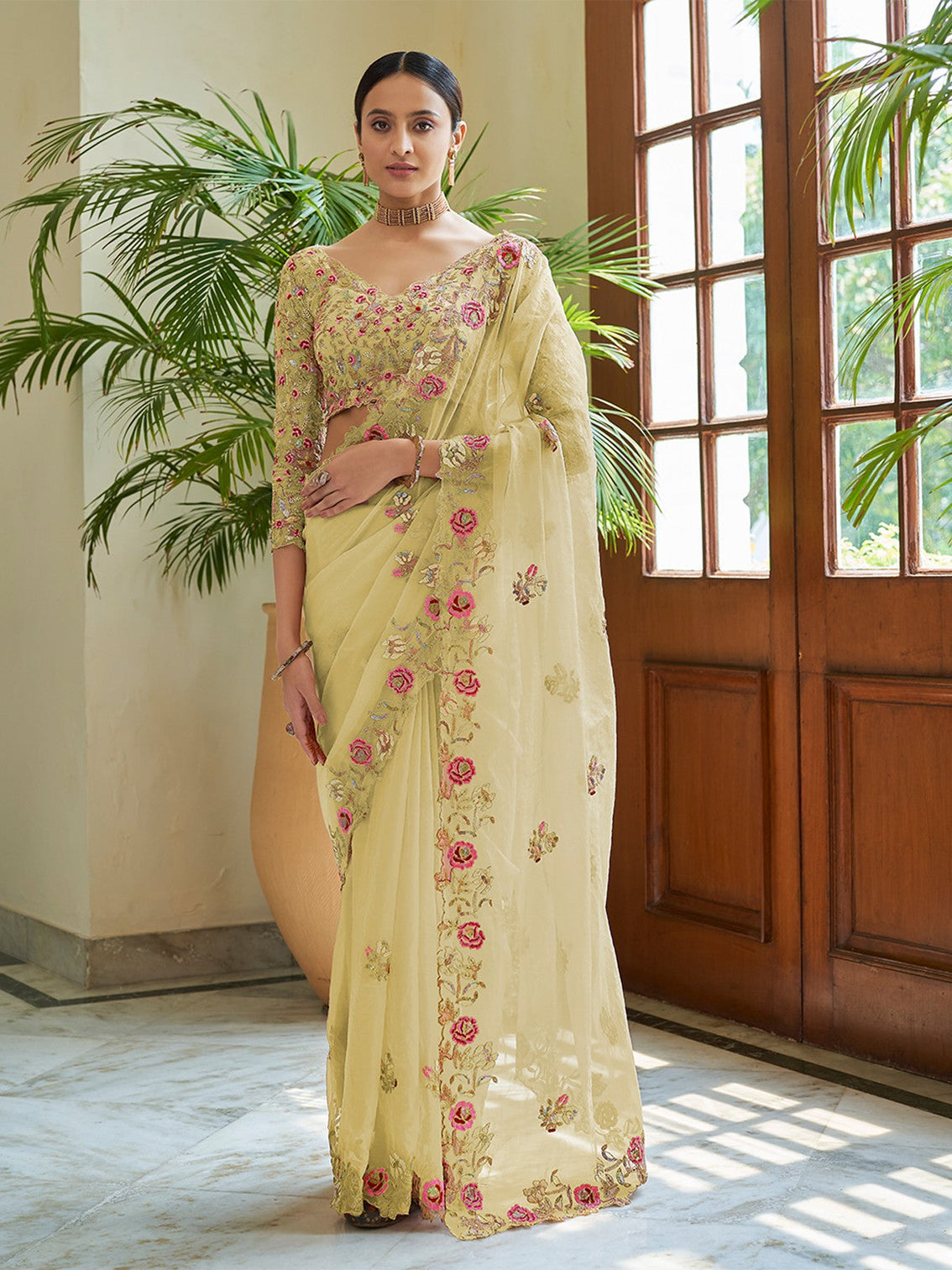 Yellow Organza Embroidered Saree With Unstitched Blouse