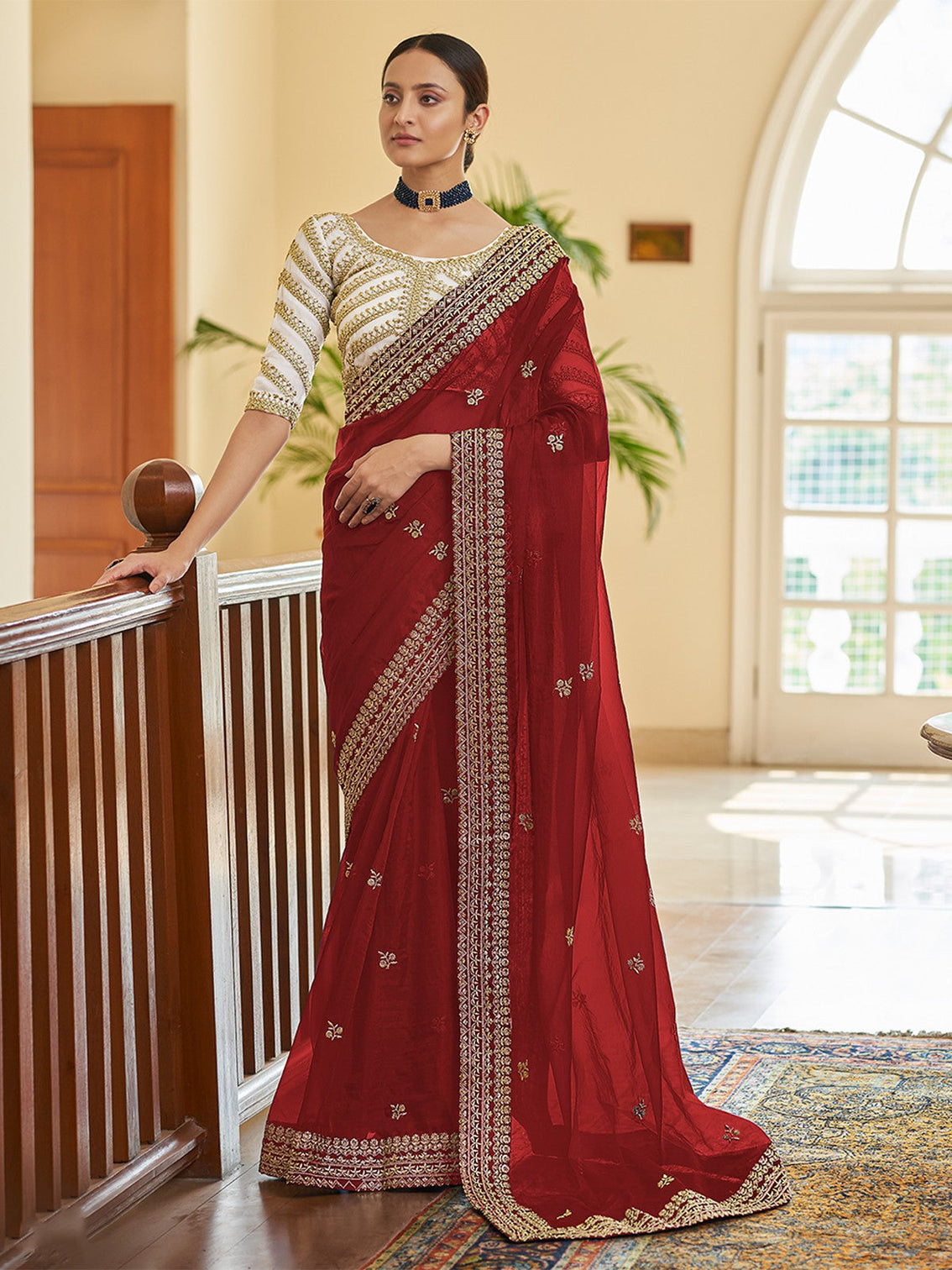 Maroon Organza Embroidered Saree With Unstitched Blouse