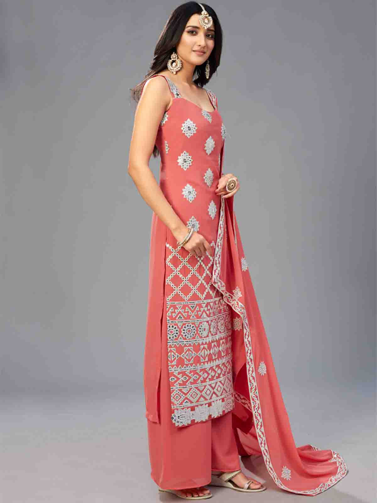 Elegant Red Orange Semi Stitched Kurta Set