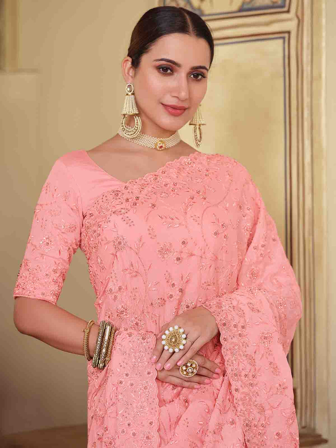 Pink Chiffon Saree With Unstitched Blouse