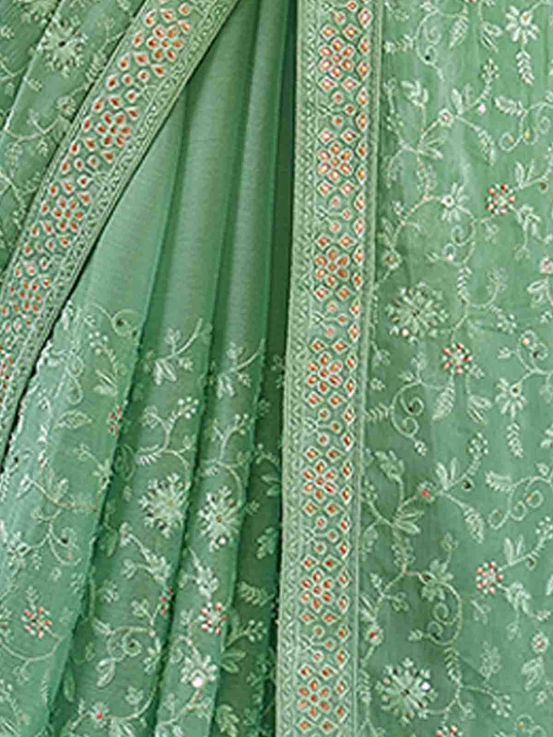 Green Chiffon Saree With Unstitched Blouse