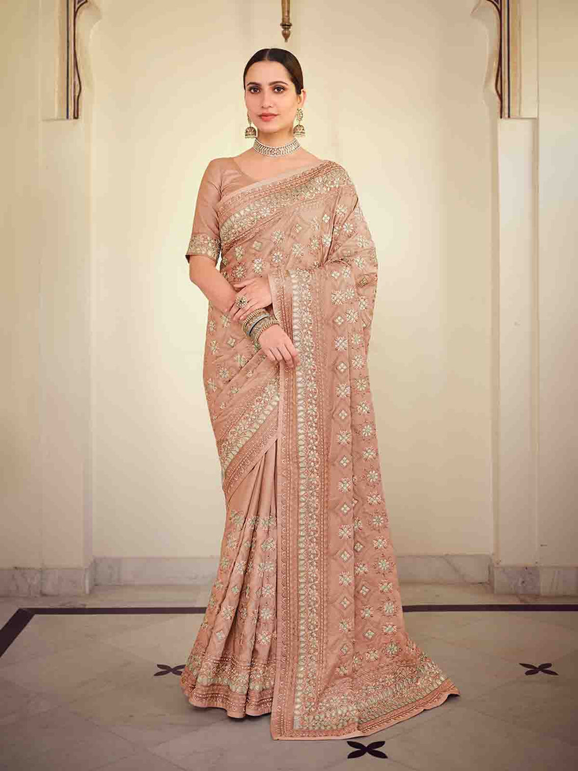 Brown Satin Georgette Saree With Unstitched Blouse