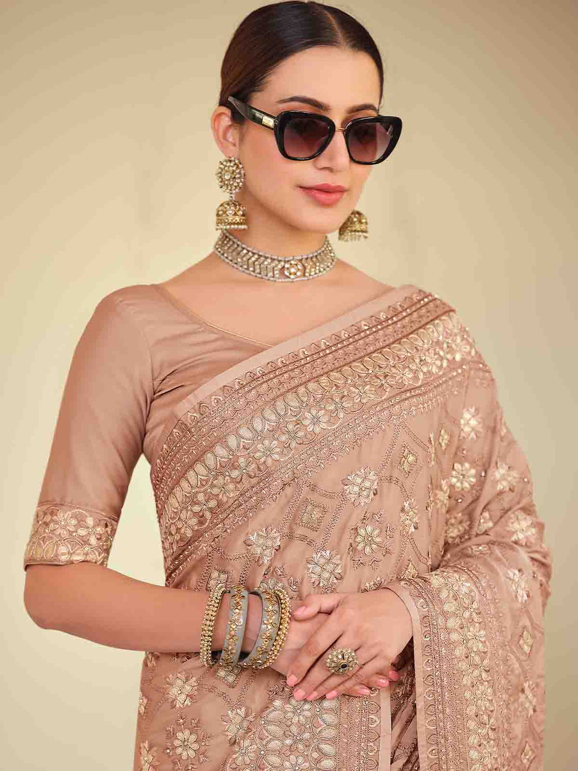 Brown Satin Georgette Saree With Unstitched Blouse