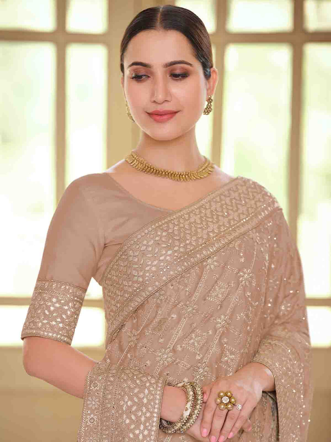 Brown Satin Georgette Saree With Unstitched Blouse