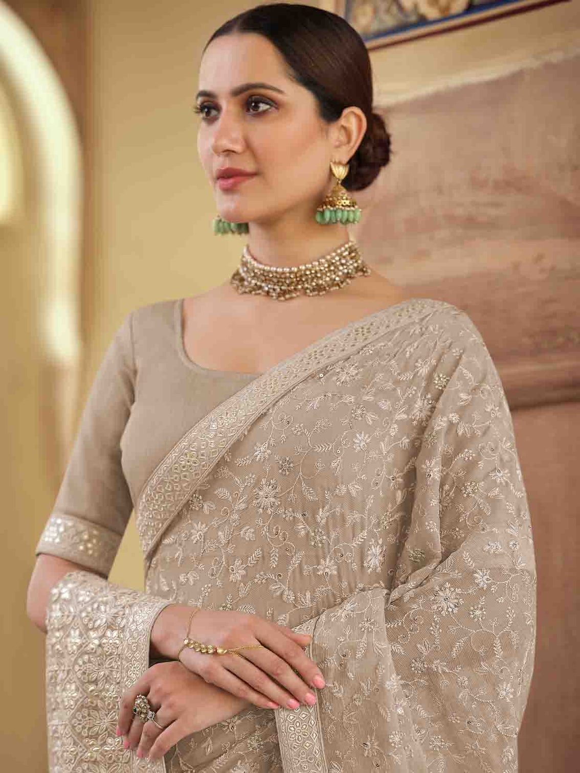 Brown Chiffon Saree With Unstitched Blouse