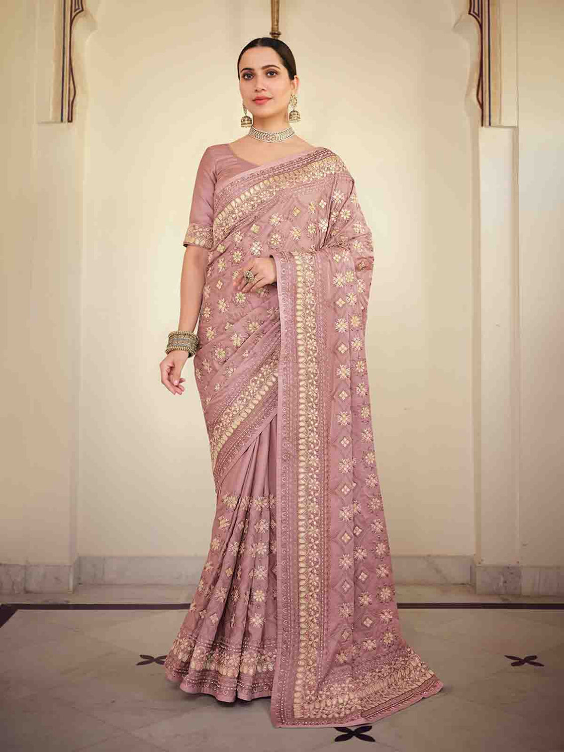 Lilac Satin Georgette Saree With Unstitched Blouse
