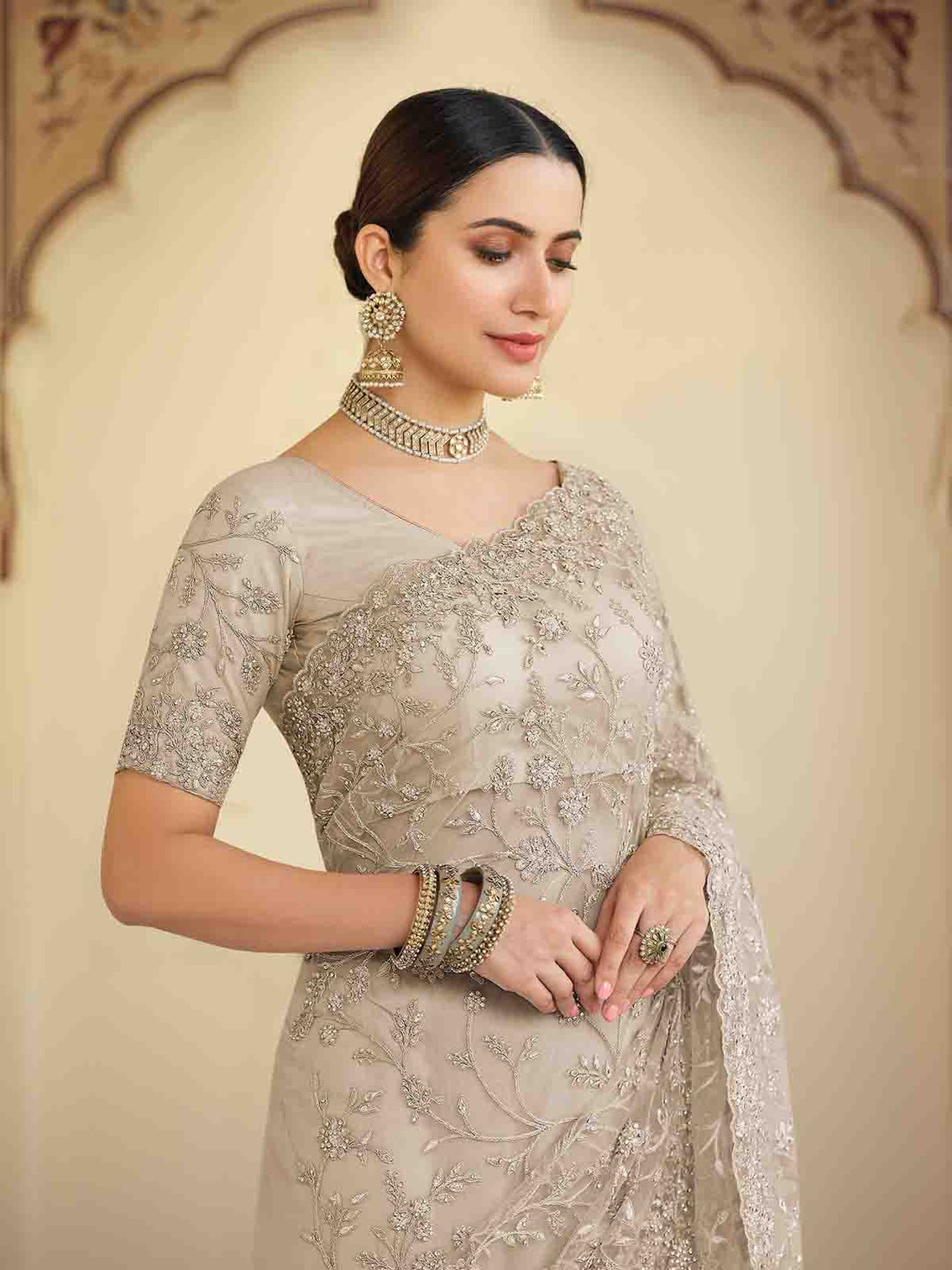 Grey Soft Net Saree With Unstitched Blouse