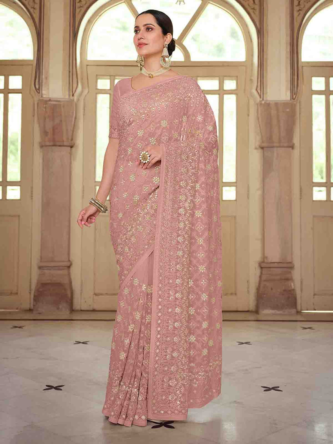 Pink Georgette Saree With Unstitched Blouse