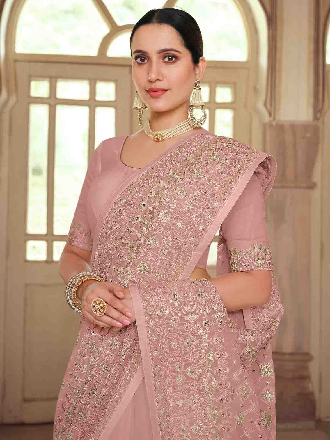 Pink Georgette Saree With Unstitched Blouse
