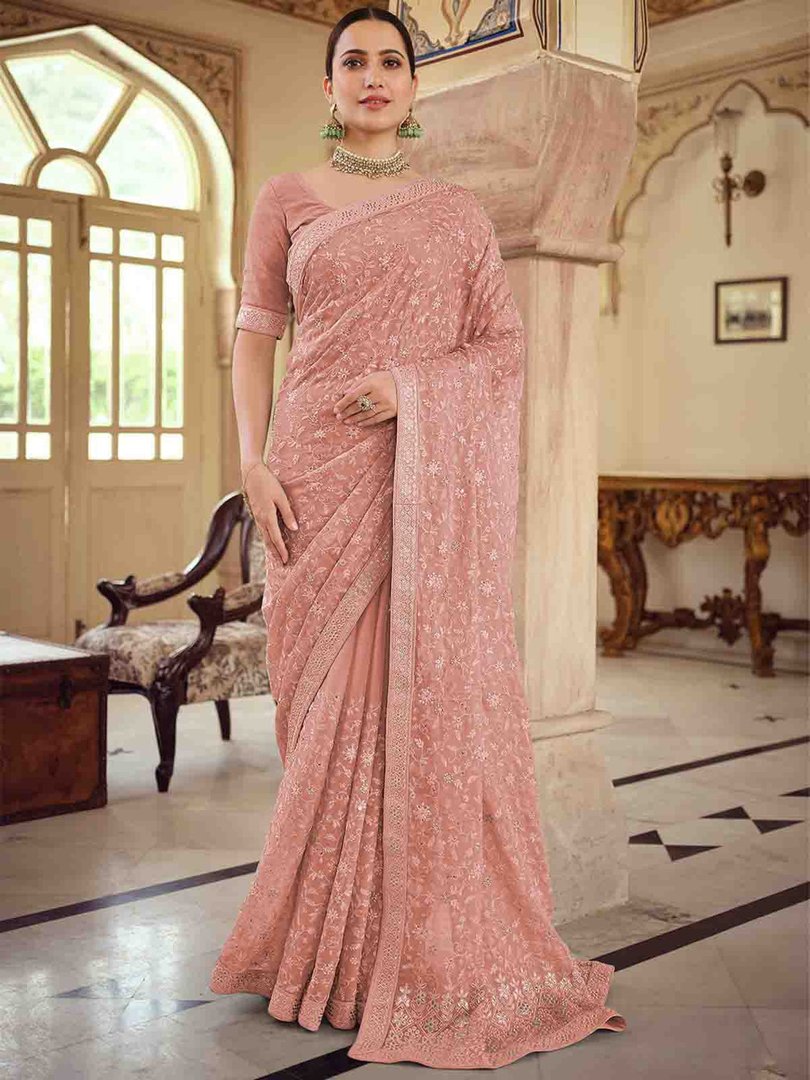 Peach Chiffon Saree With Unstitched Blouse