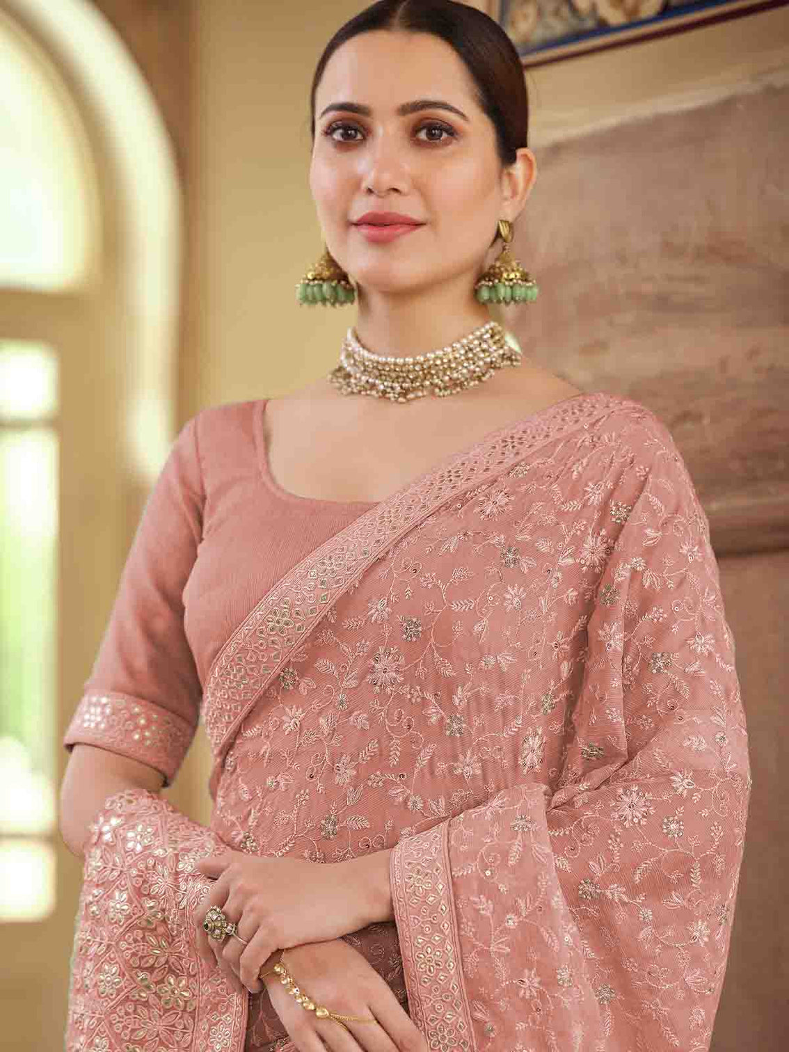 Peach Chiffon Saree With Unstitched Blouse