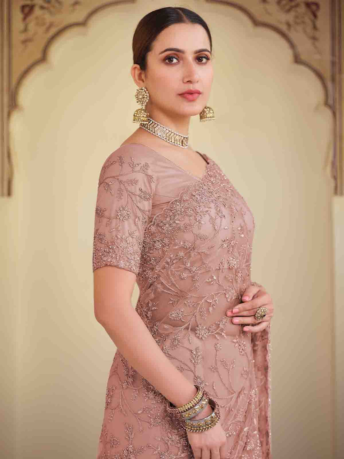 Peach Soft Net Saree With Unstitched Blouse