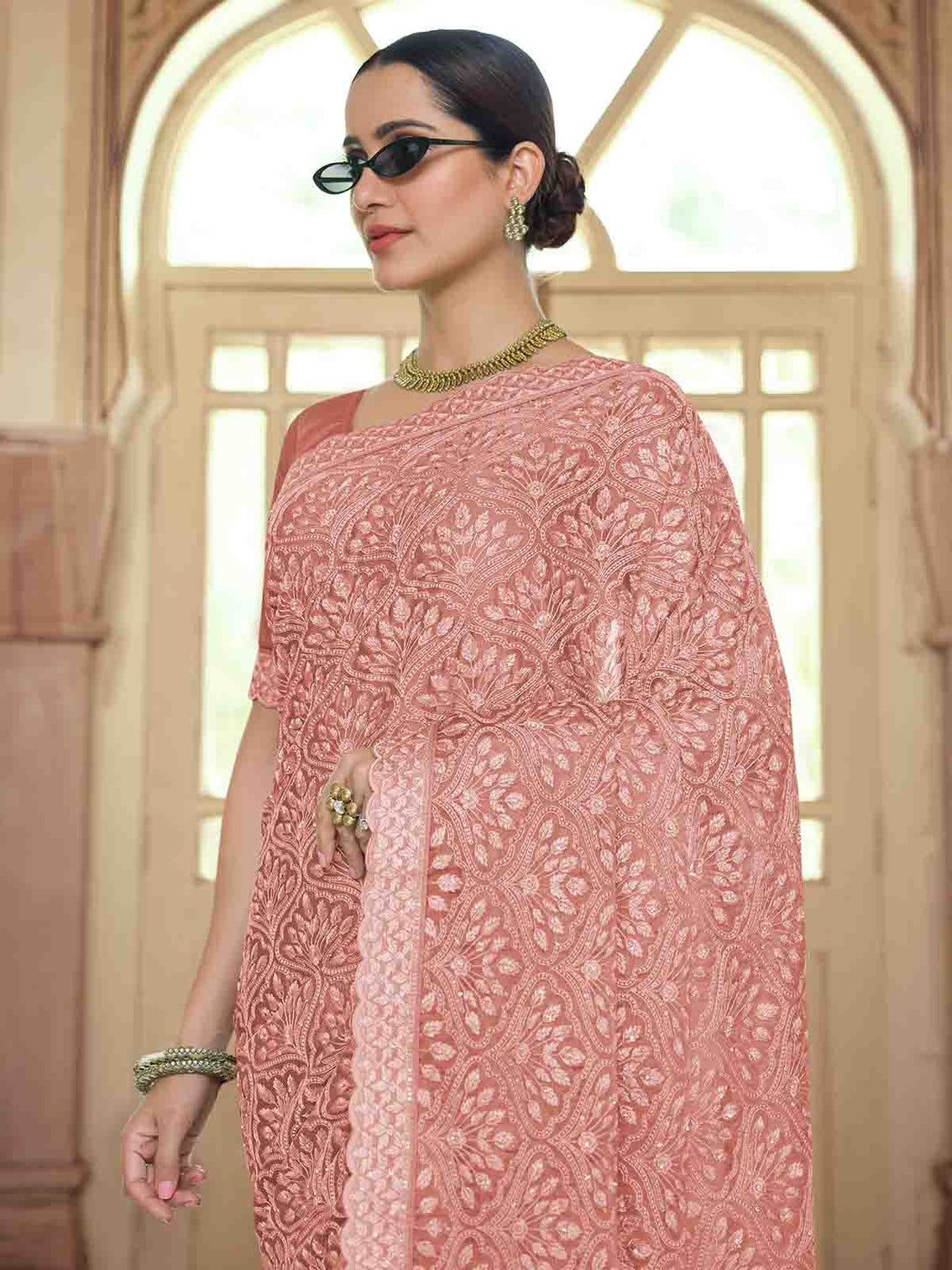 Peach Chiffon Saree With Unstitched Blouse