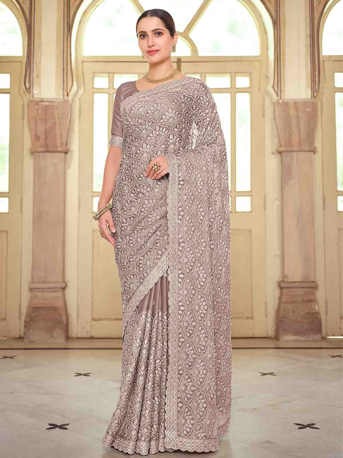 Brown Chiffon Saree With Unstitched Blouse