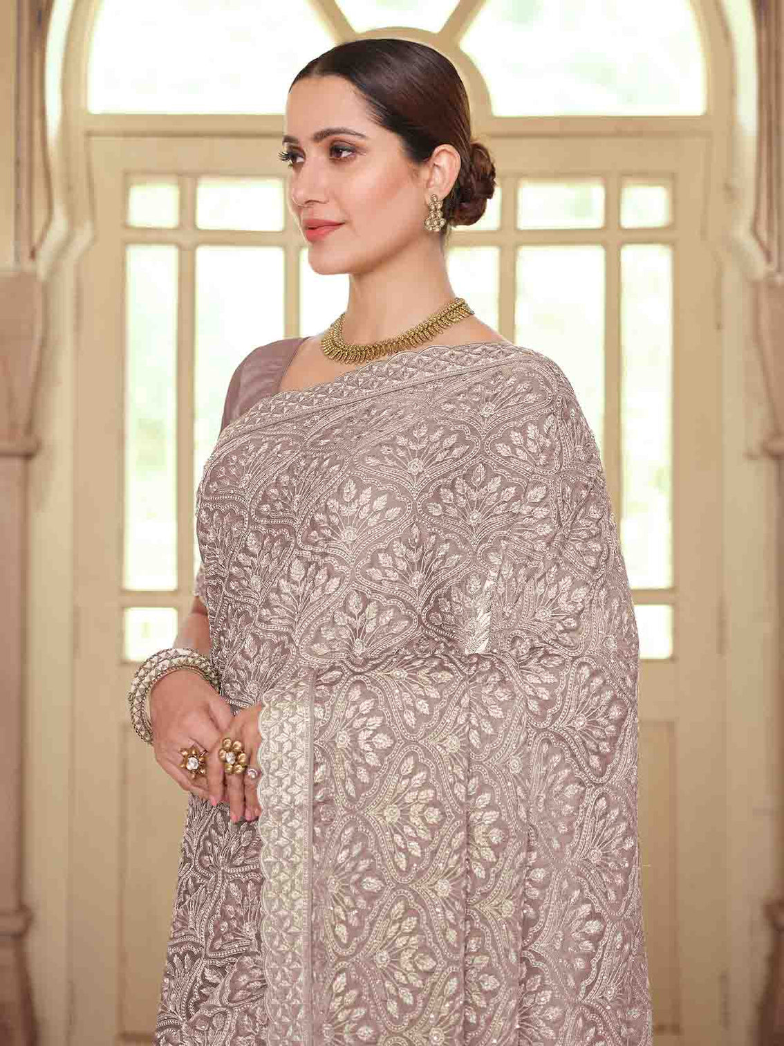 Brown Chiffon Saree With Unstitched Blouse