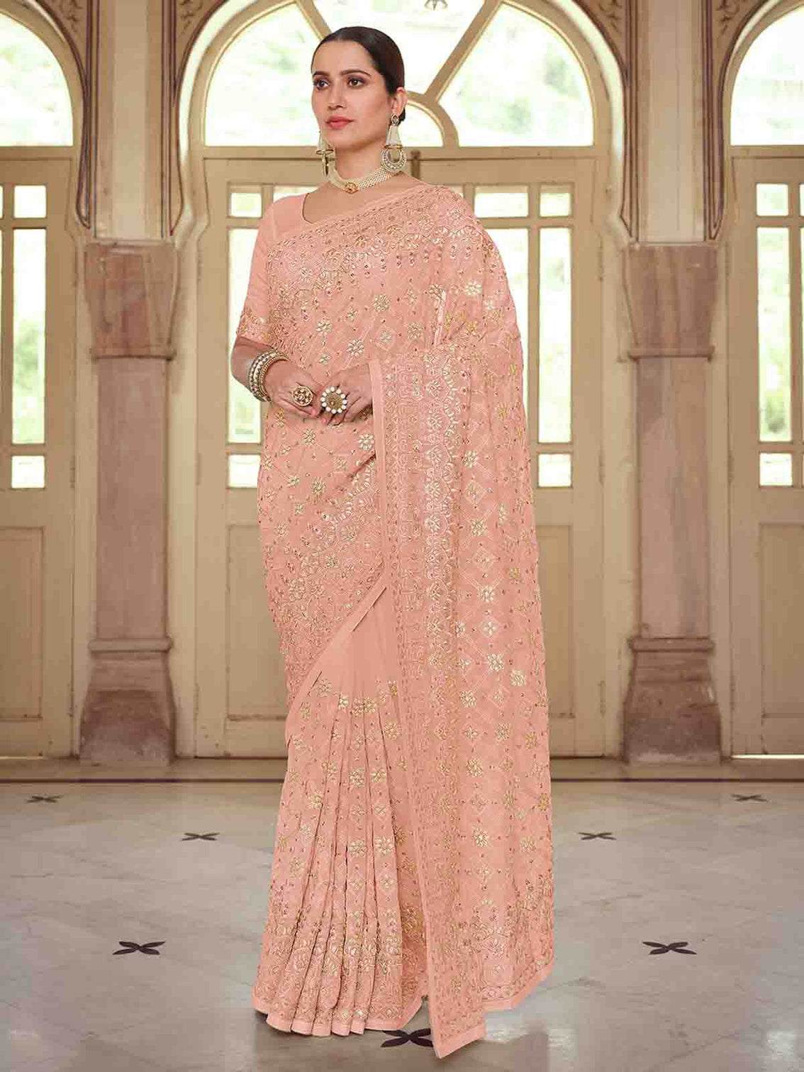 Peach Georgette Saree With Unstitched Blouse