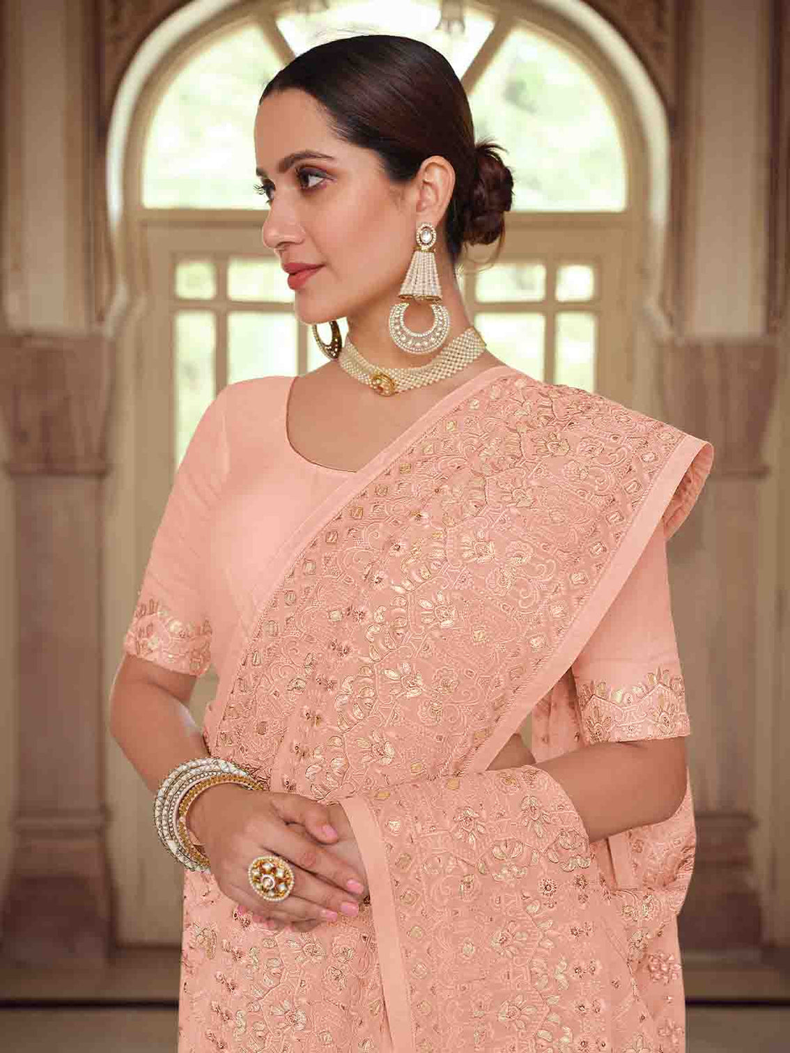 Peach Georgette Saree With Unstitched Blouse