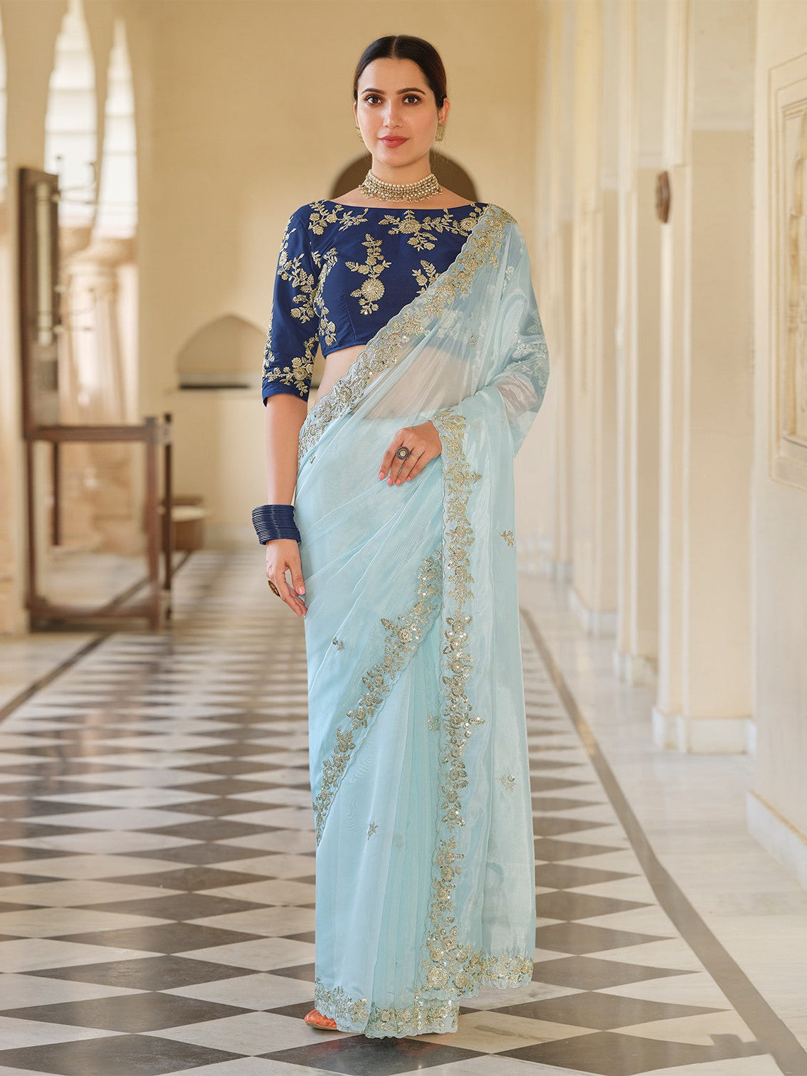 Light Blue Organza Embroidered Saree With Unstitched Blouse