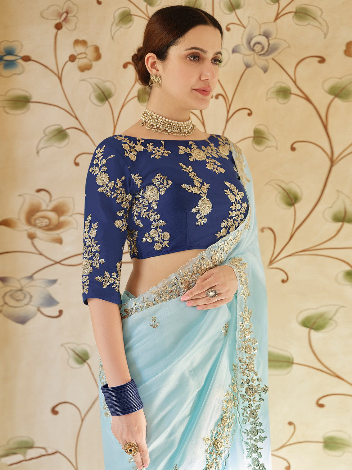 Light Blue Organza Embroidered Saree With Unstitched Blouse