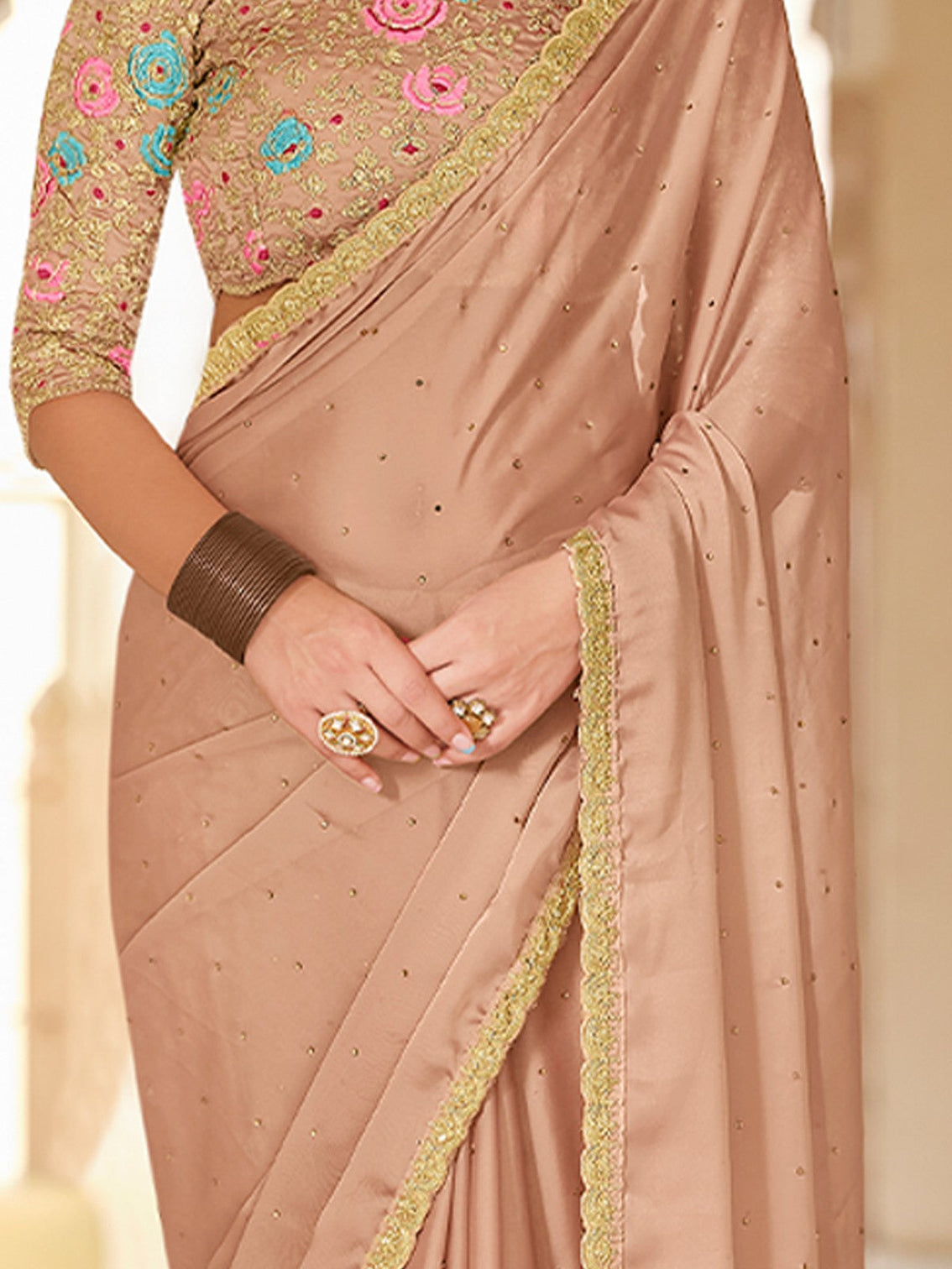 Beige Organza Embroidered Saree With Unstitched Blouse