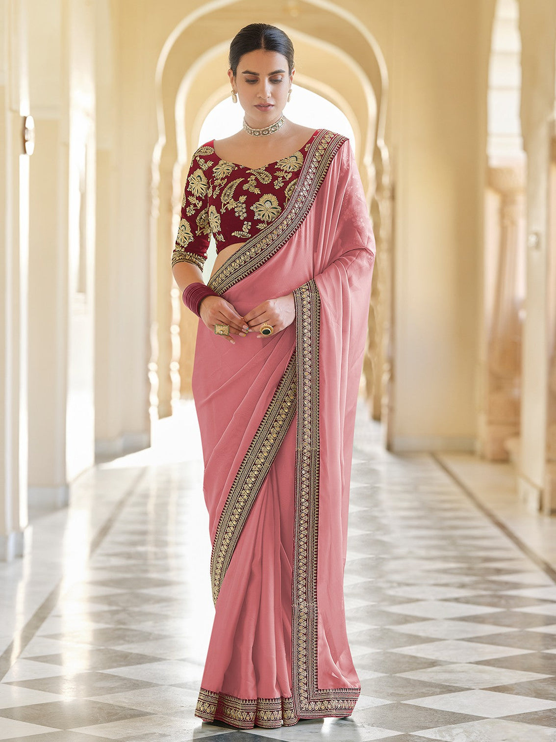 Pink Organza Embroidered Saree With Unstitched Blouse