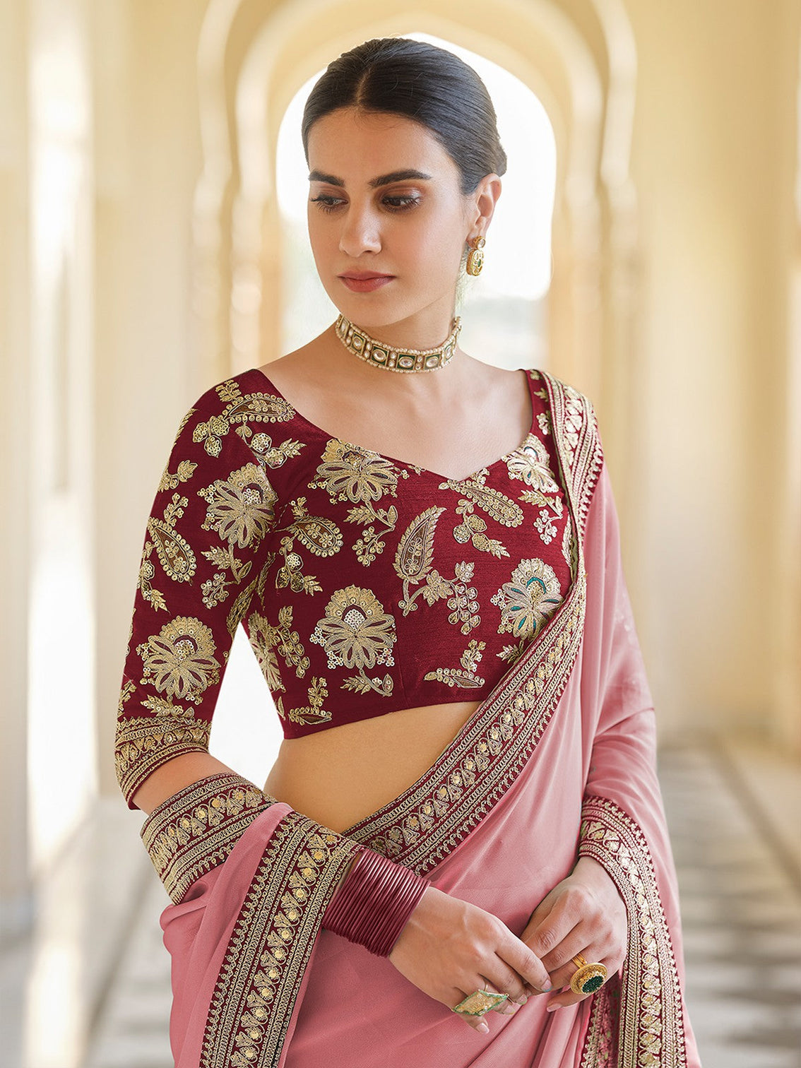 Pink Organza Embroidered Saree With Unstitched Blouse