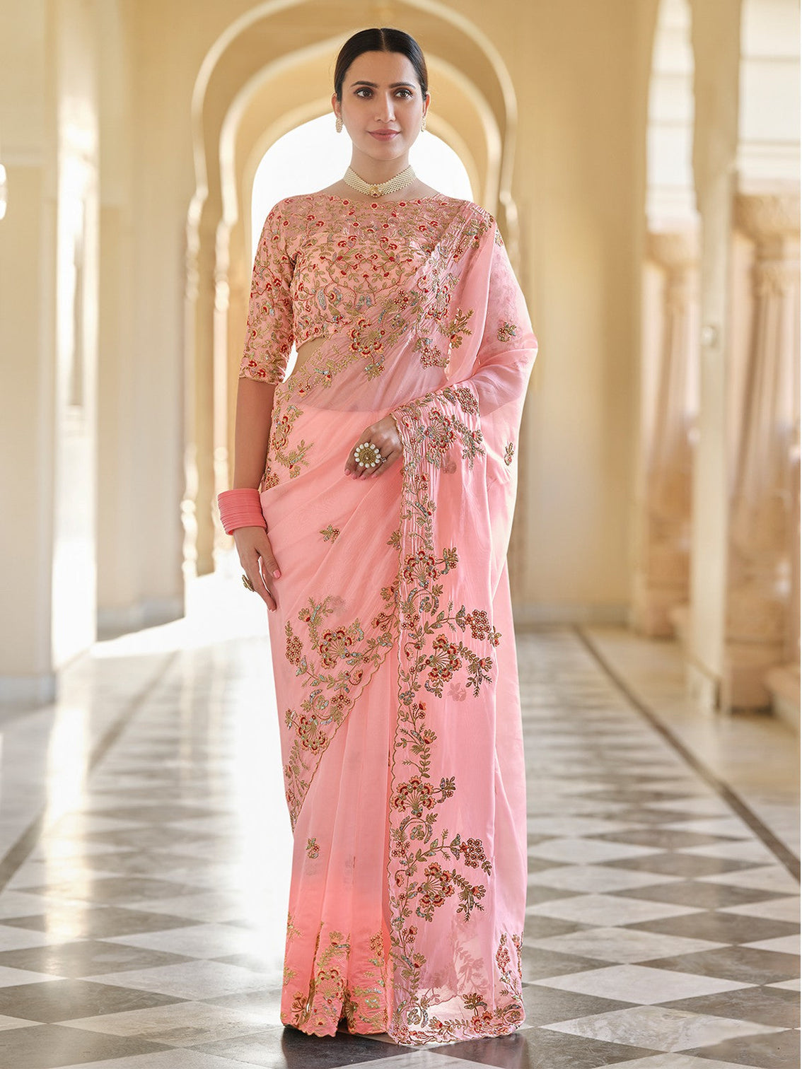 Peach Organza Embroidered Saree With Unstitched Blouse