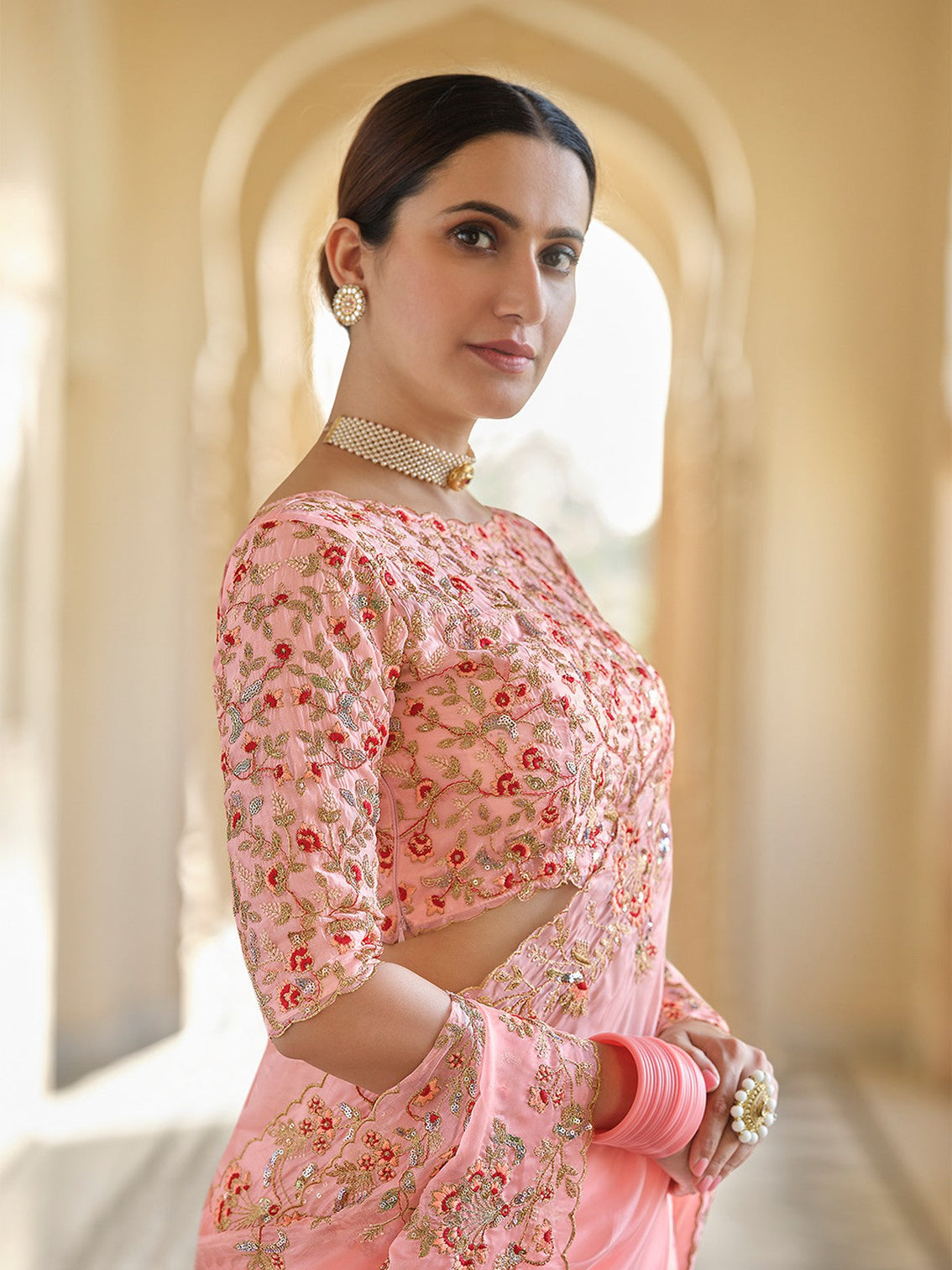 Peach Organza Embroidered Saree With Unstitched Blouse