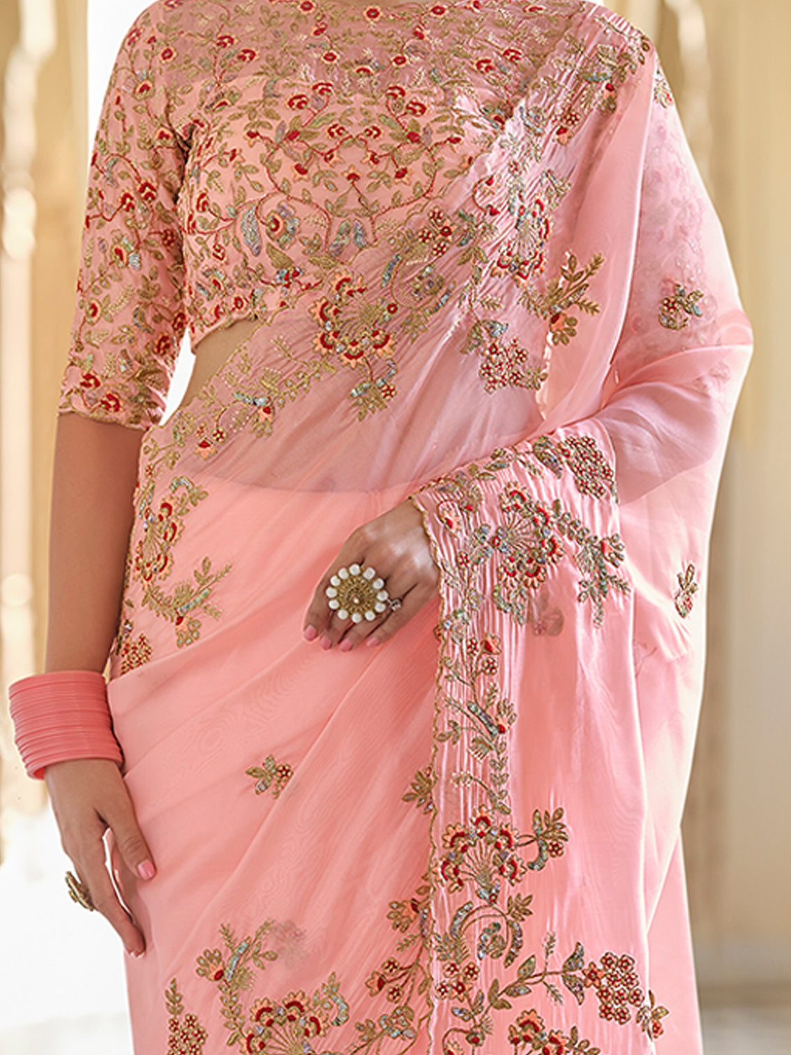 Peach Organza Embroidered Saree With Unstitched Blouse