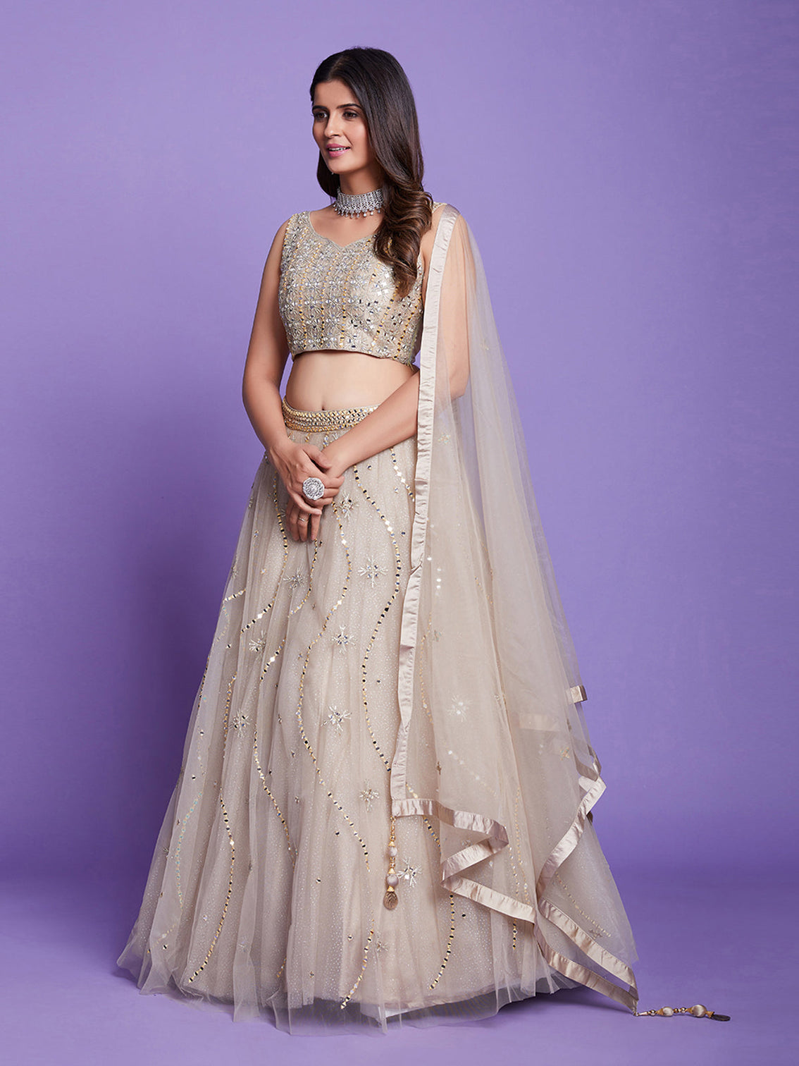 Beige Net Stitched Lehenga Choli