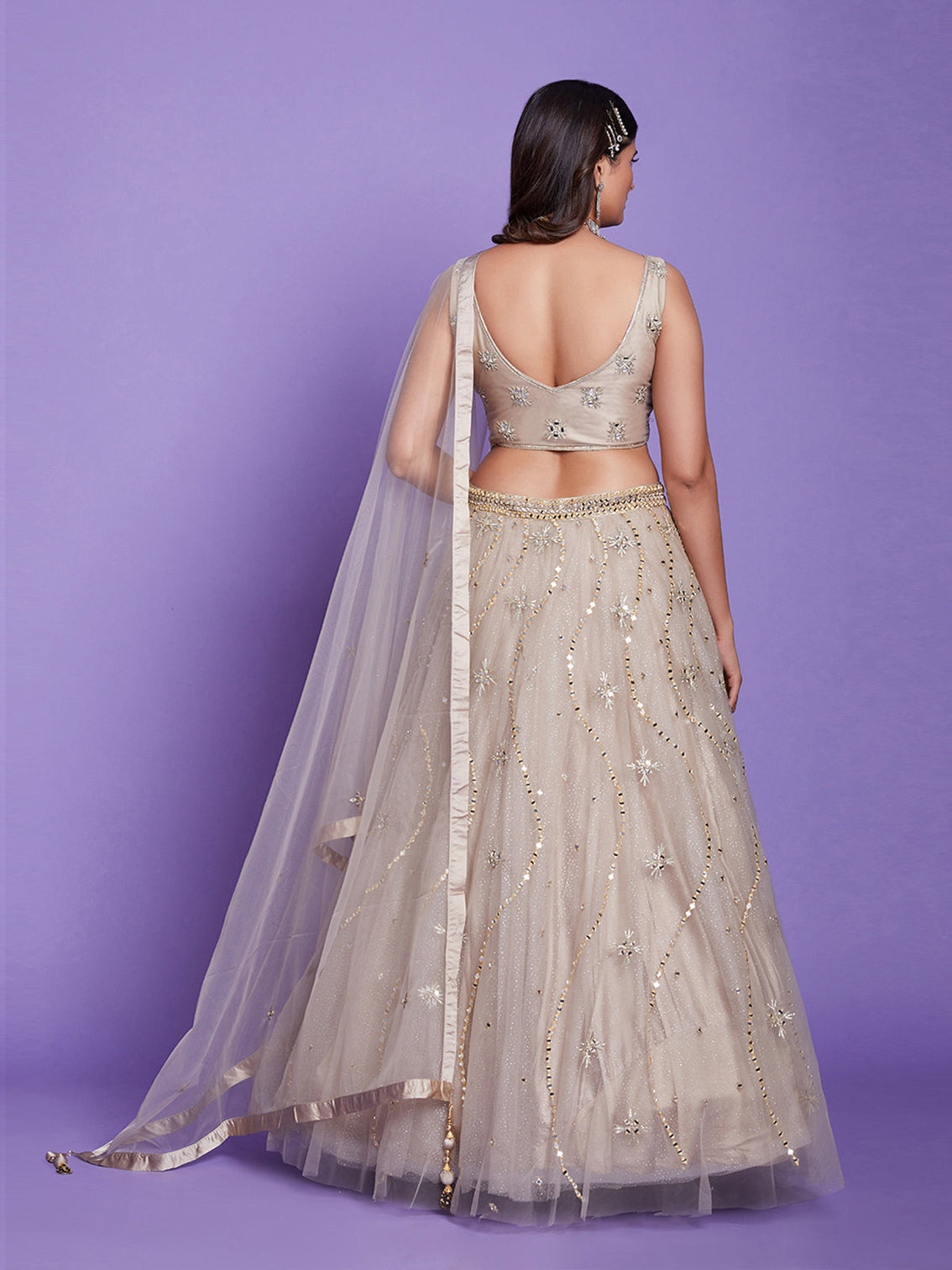 Beige Net Stitched Lehenga Choli