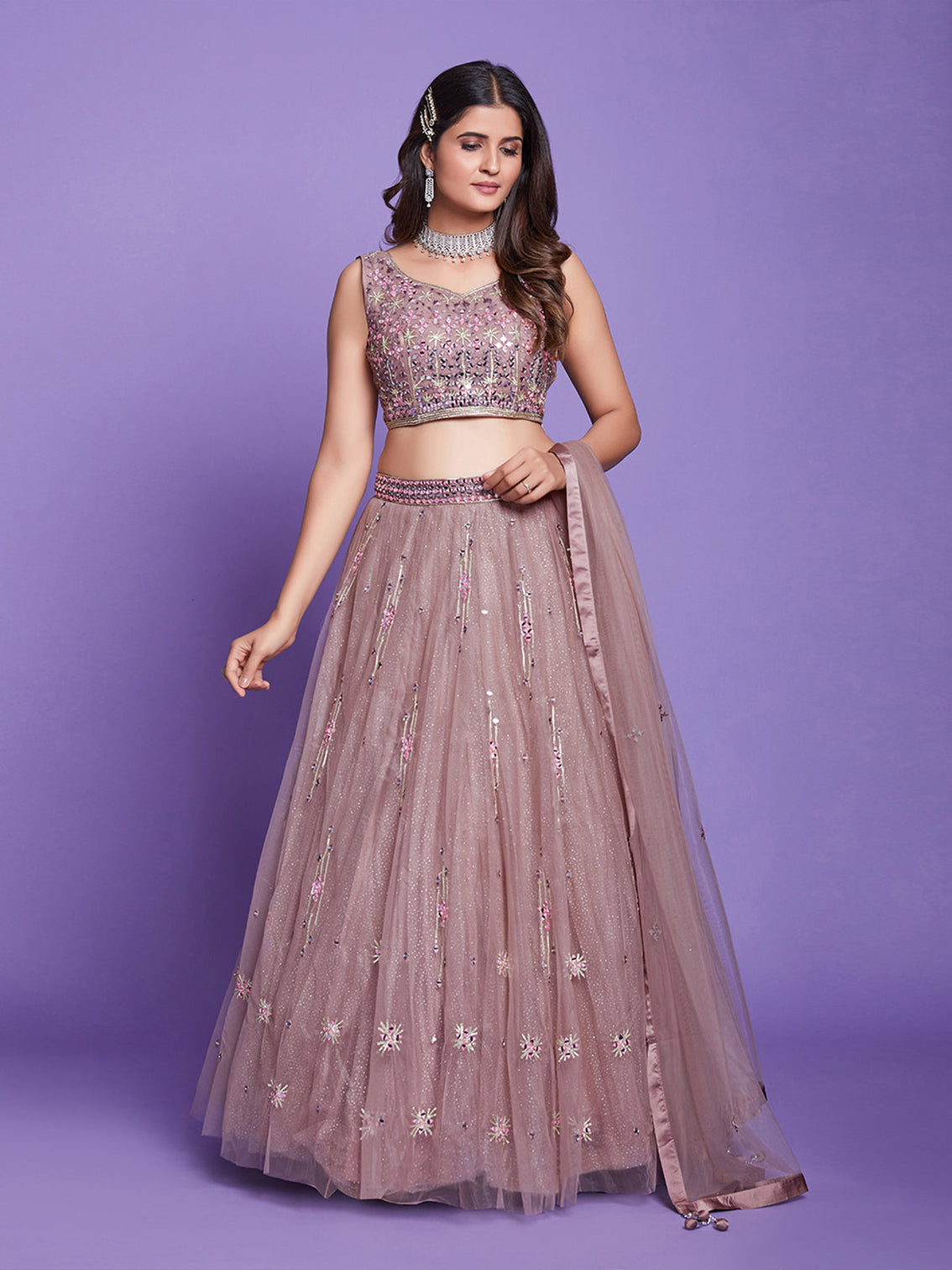 Light Brown Net Stitched Lehenga Choli