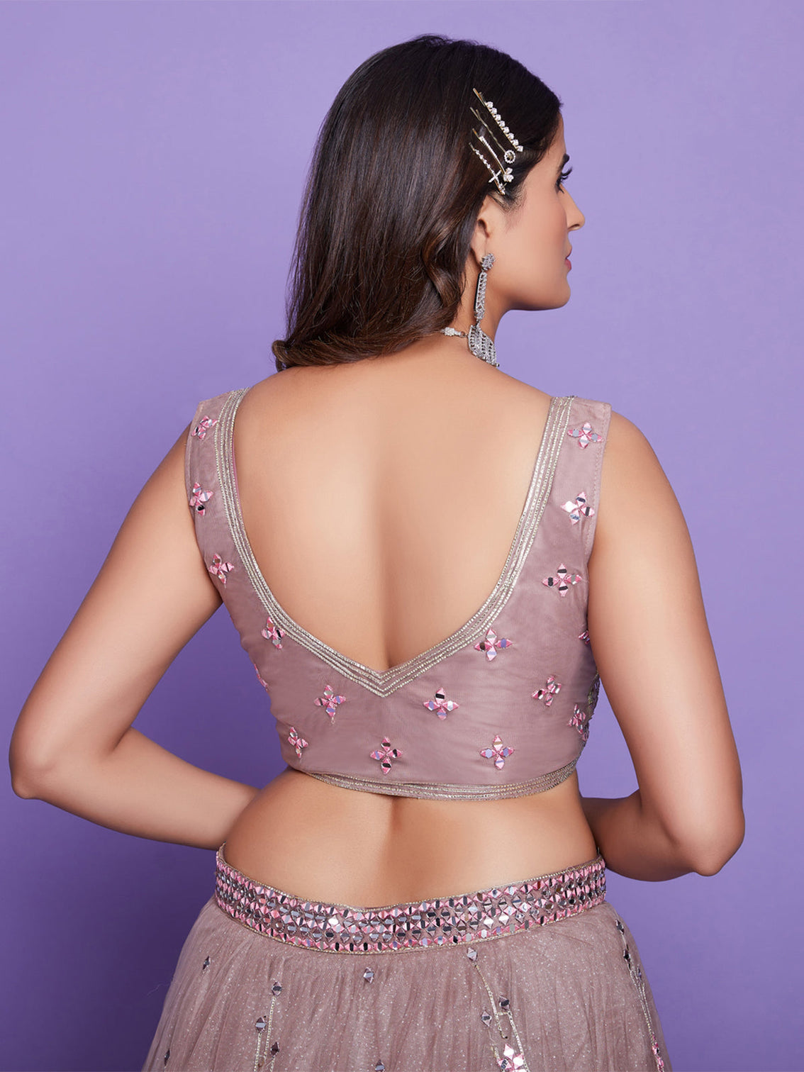 Light Brown Net Stitched Lehenga Choli