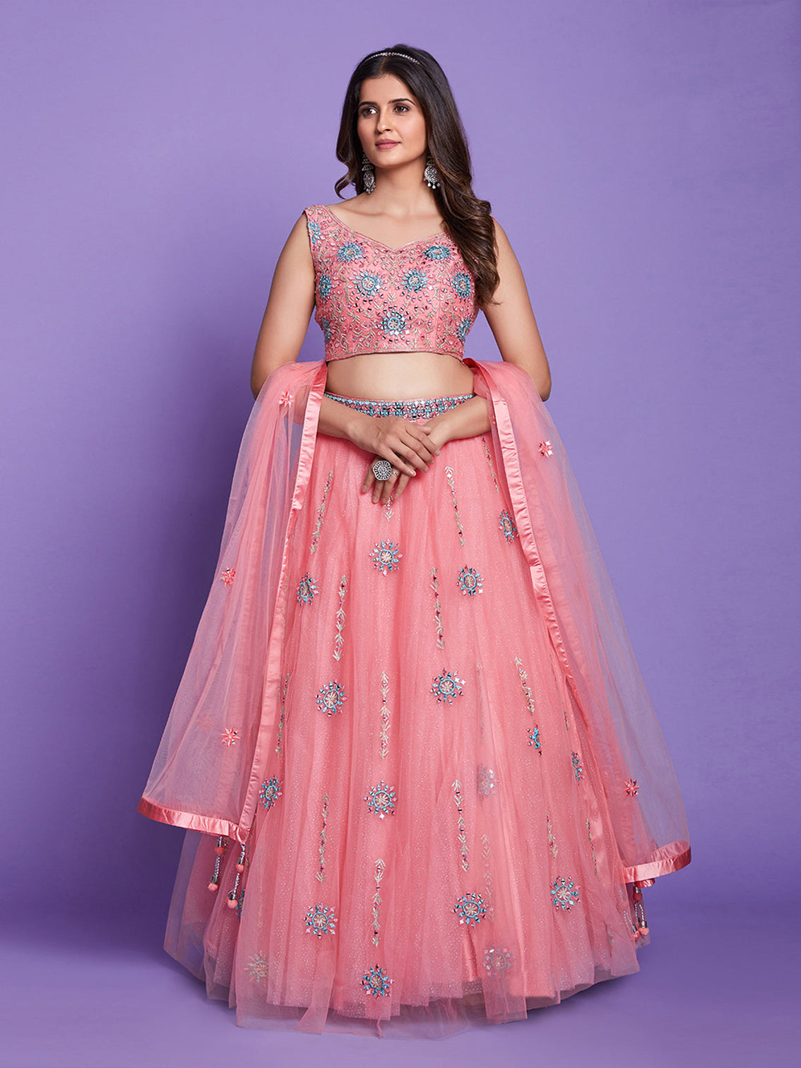 Peach Net Stitched Lehenga Choli