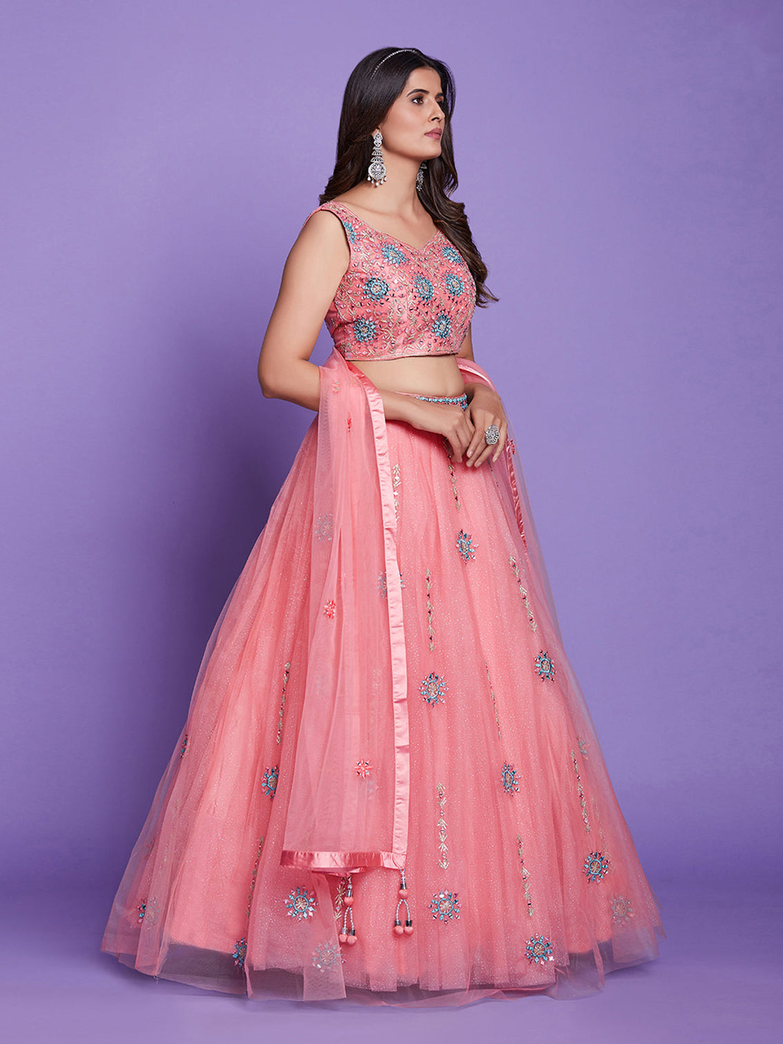 Peach Net Stitched Lehenga Choli