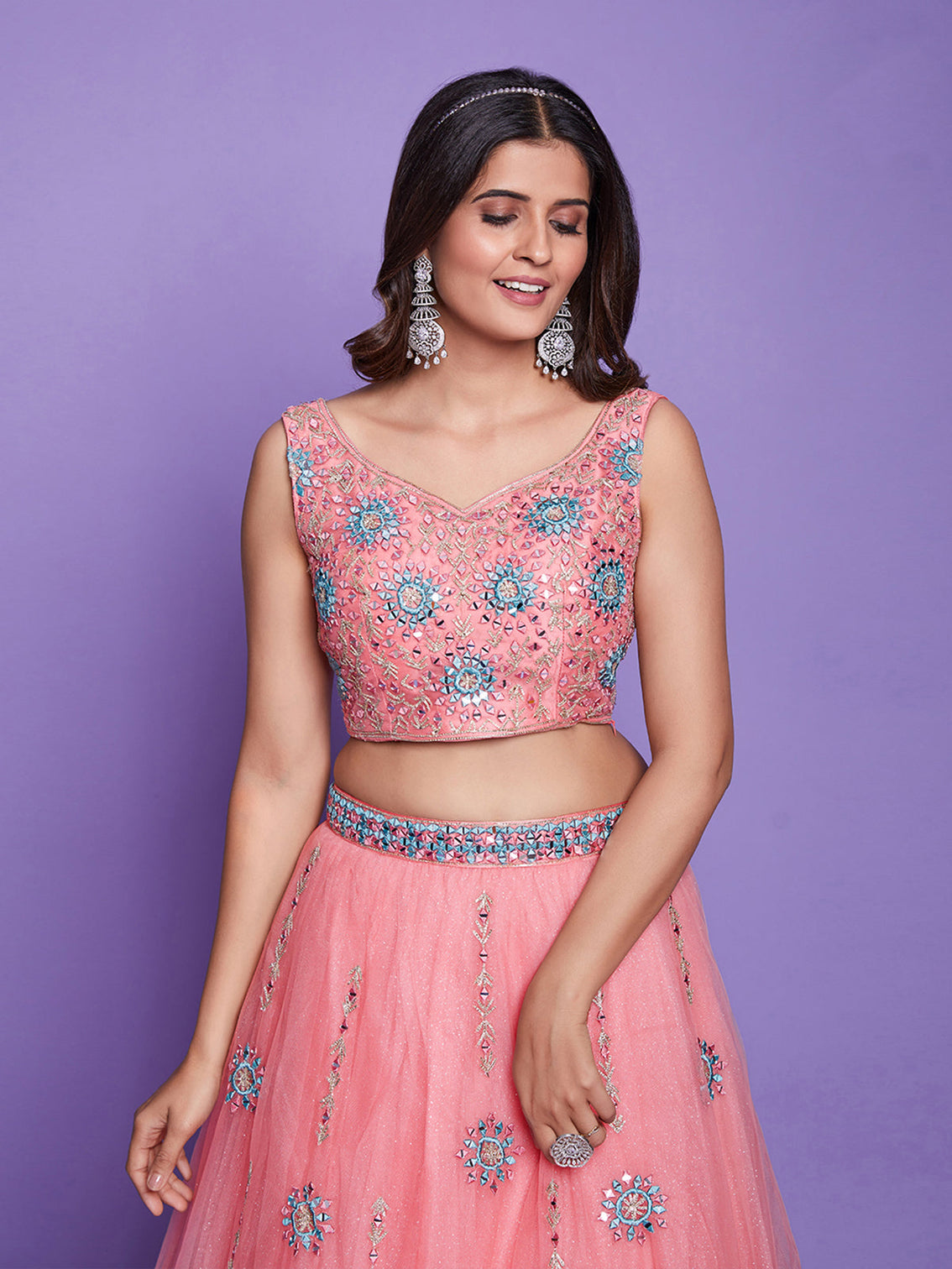 Peach Net Stitched Lehenga Choli