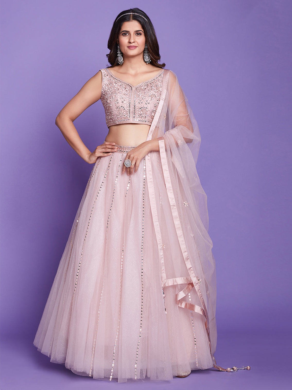 Peach Net Stitched Lehenga Choli