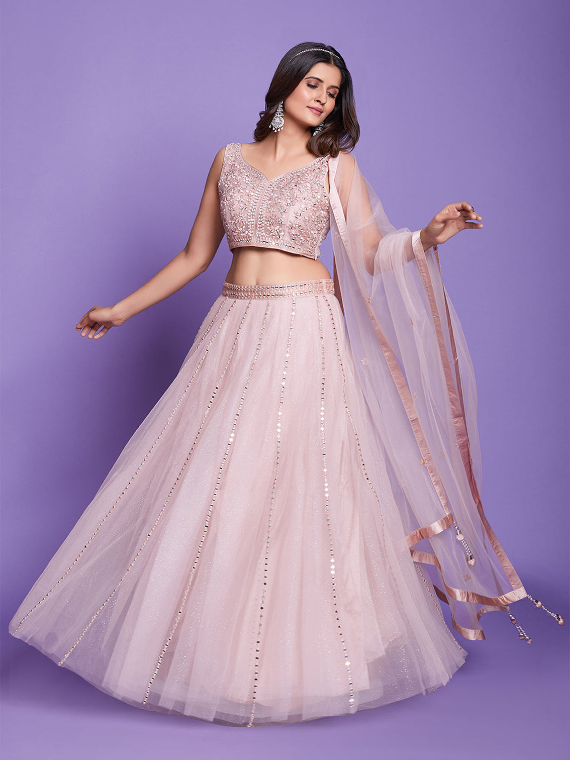 Peach Net Stitched Lehenga Choli