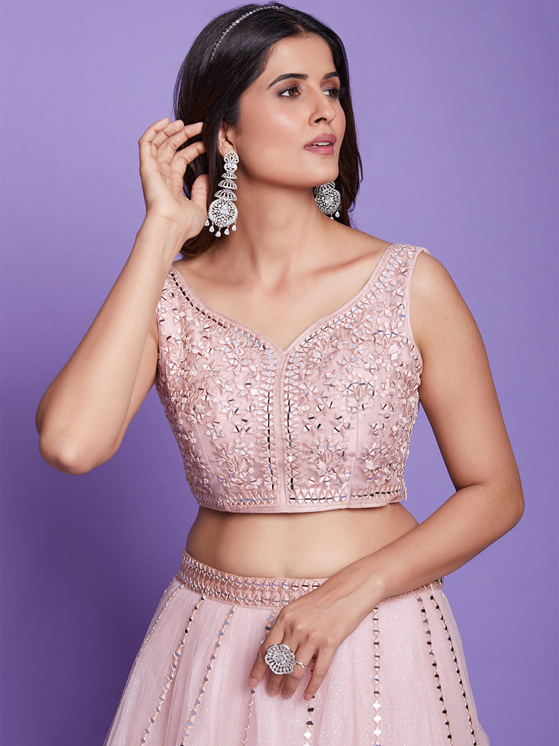 Peach Net Stitched Lehenga Choli