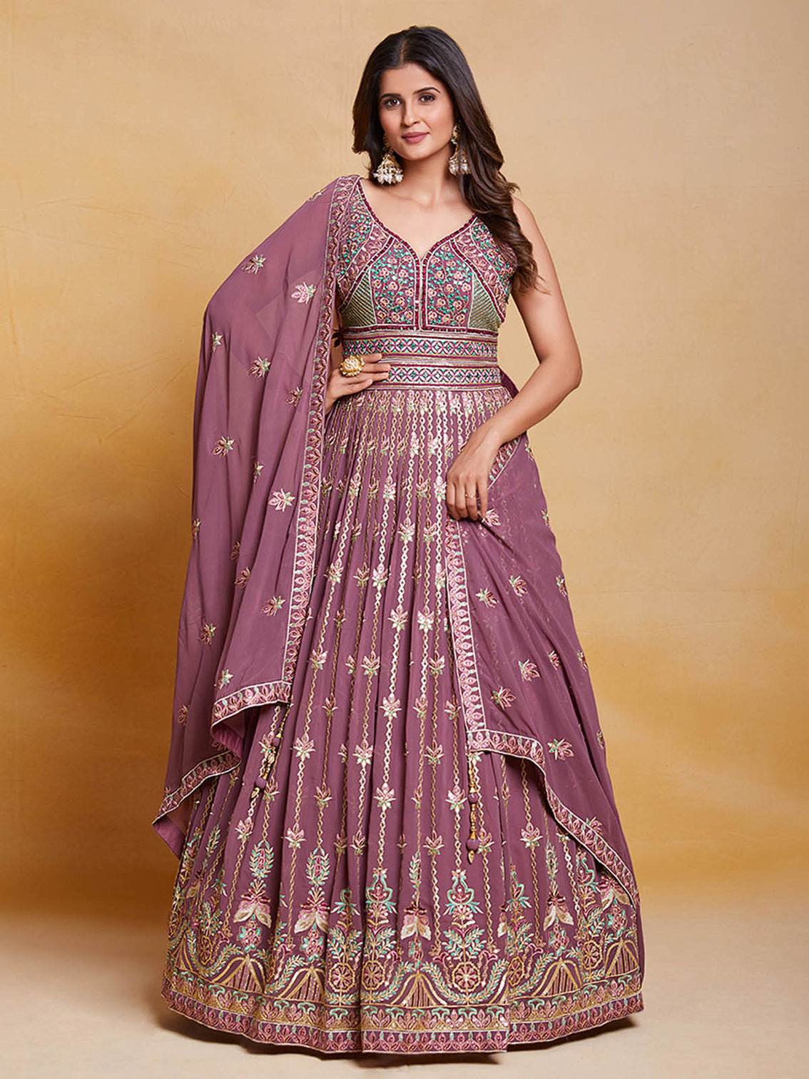 Lavender Georgette Embroidered Stitched Gown