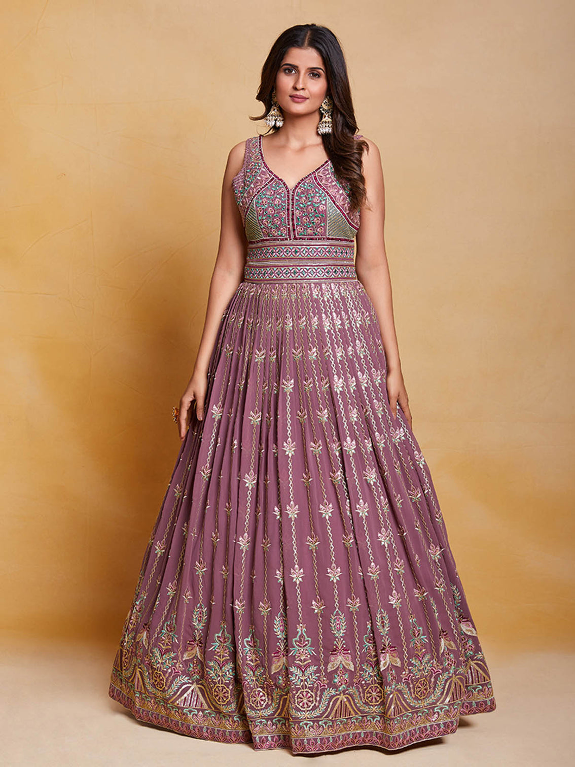 Lavender Georgette Embroidered Stitched Gown