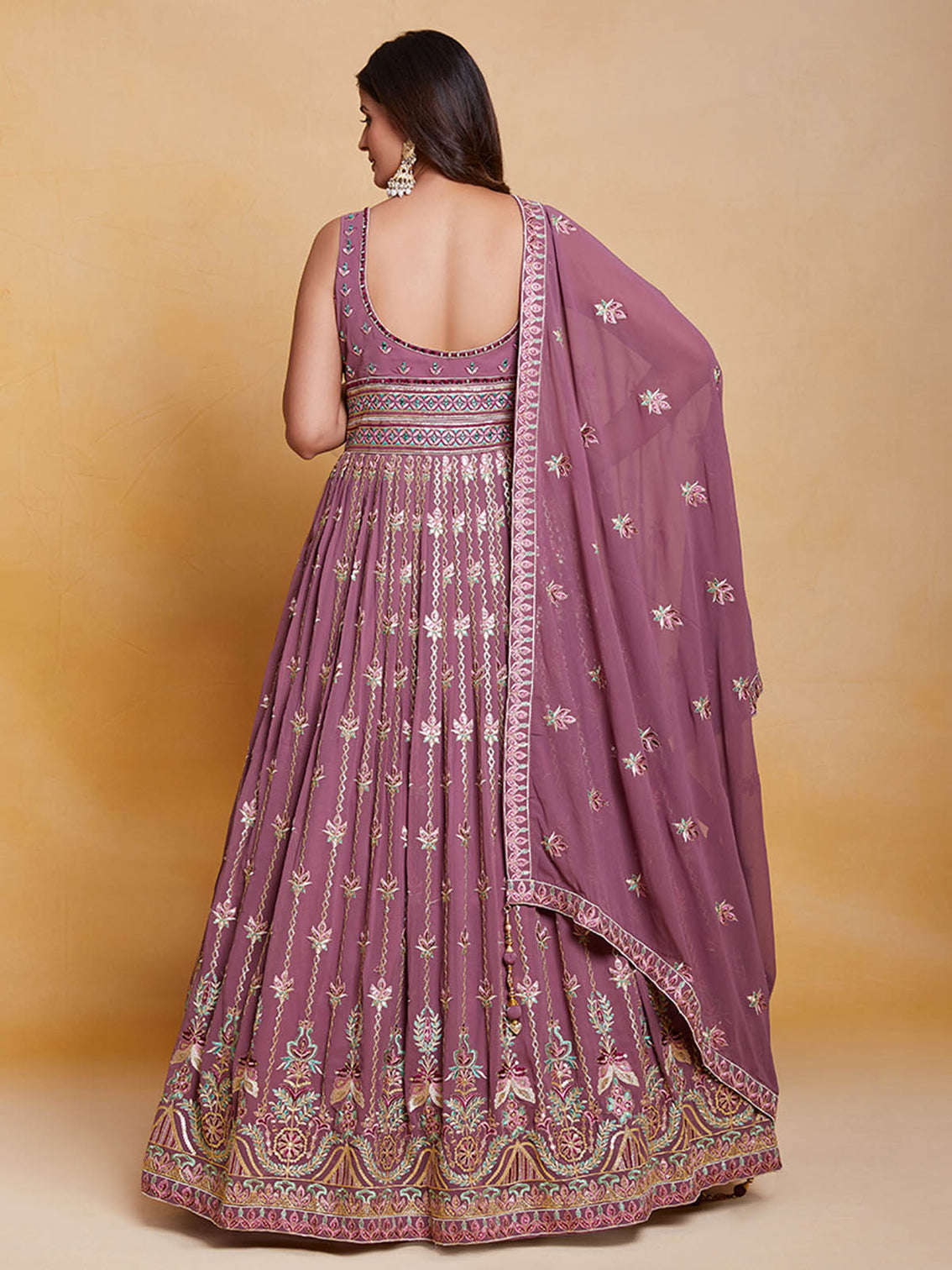 Lavender Georgette Embroidered Stitched Gown