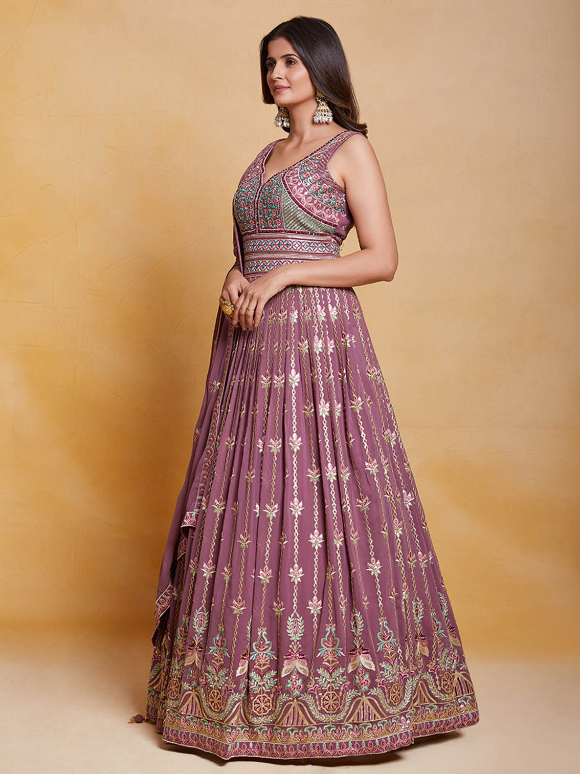 Lavender Georgette Embroidered Stitched Gown