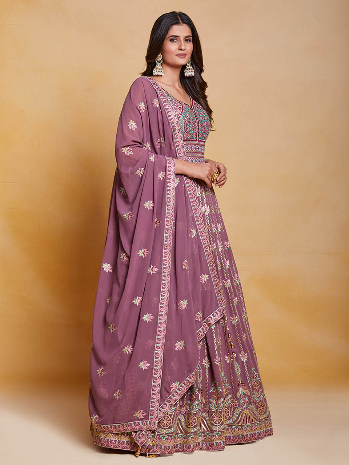 Lavender Georgette Embroidered Stitched Gown