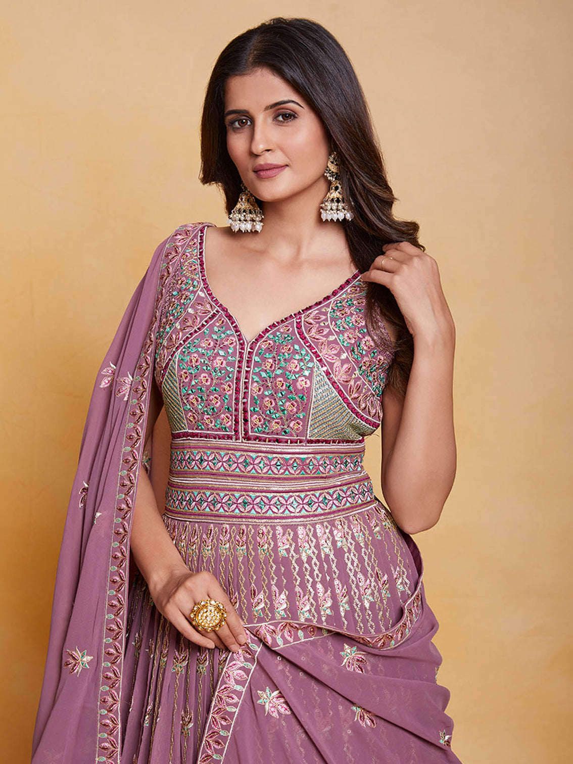 Lavender Georgette Embroidered Stitched Gown