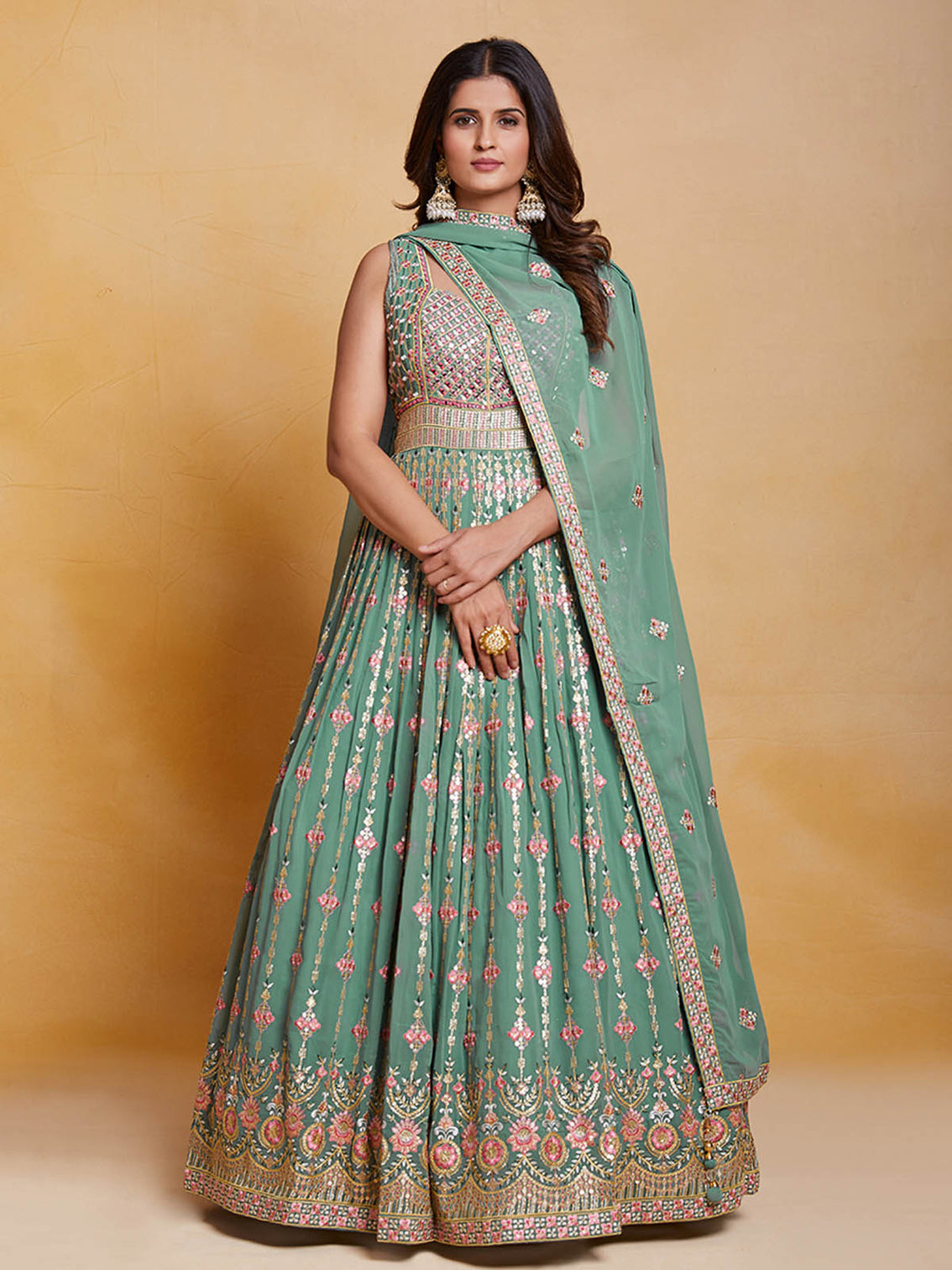 Sea Green Georgette Embroidered Stitched Gown