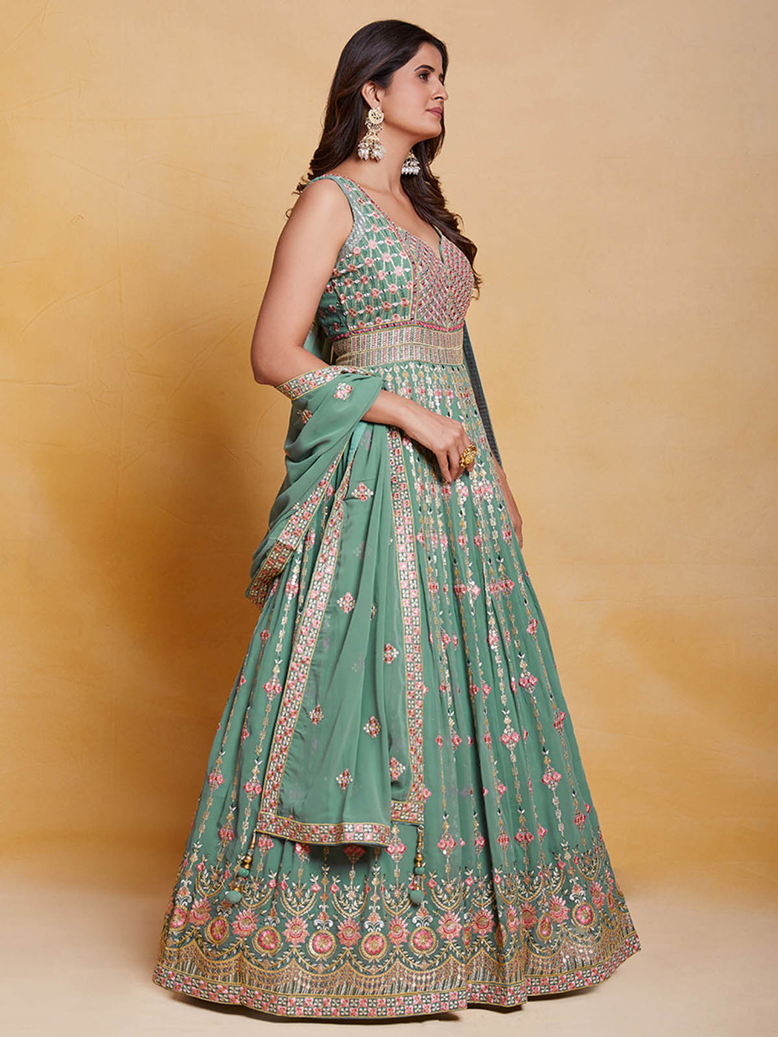 Sea Green Georgette Embroidered Stitched Gown