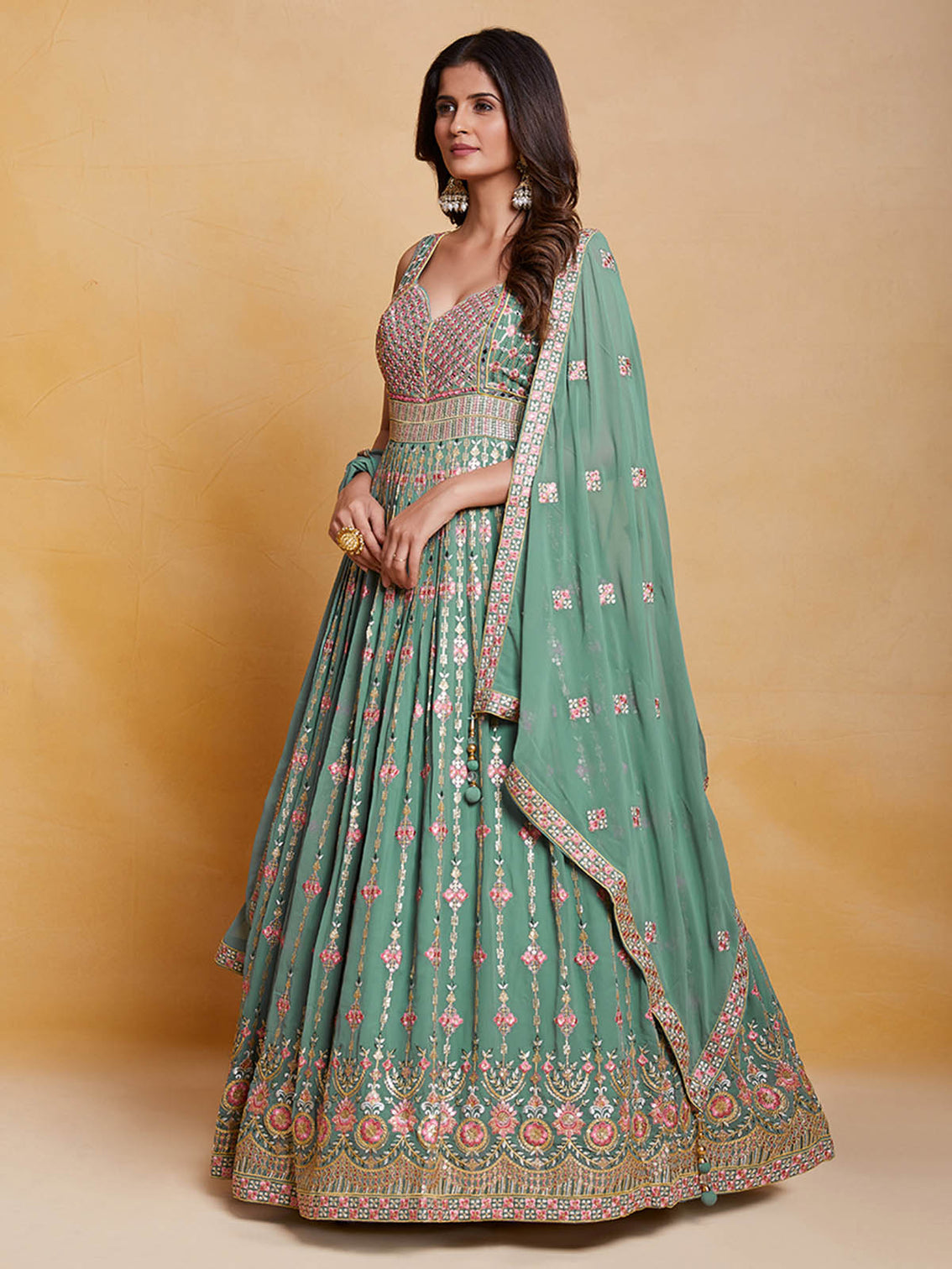 Sea Green Georgette Embroidered Stitched Gown