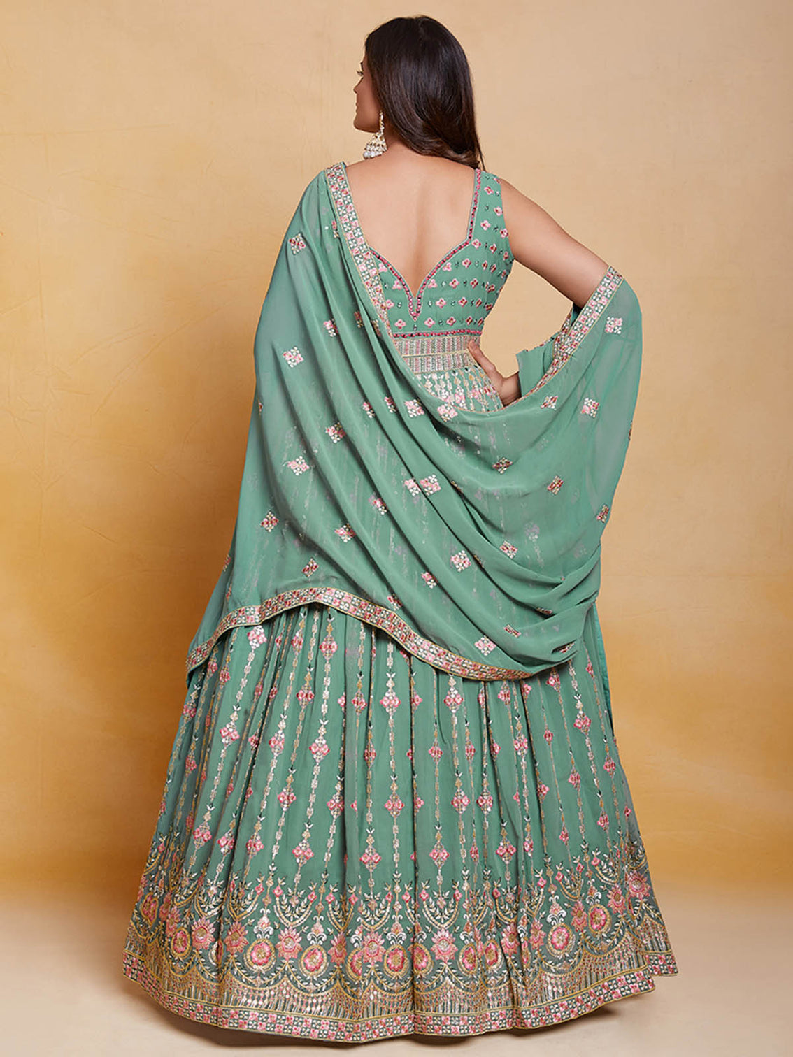 Sea Green Georgette Embroidered Stitched Gown