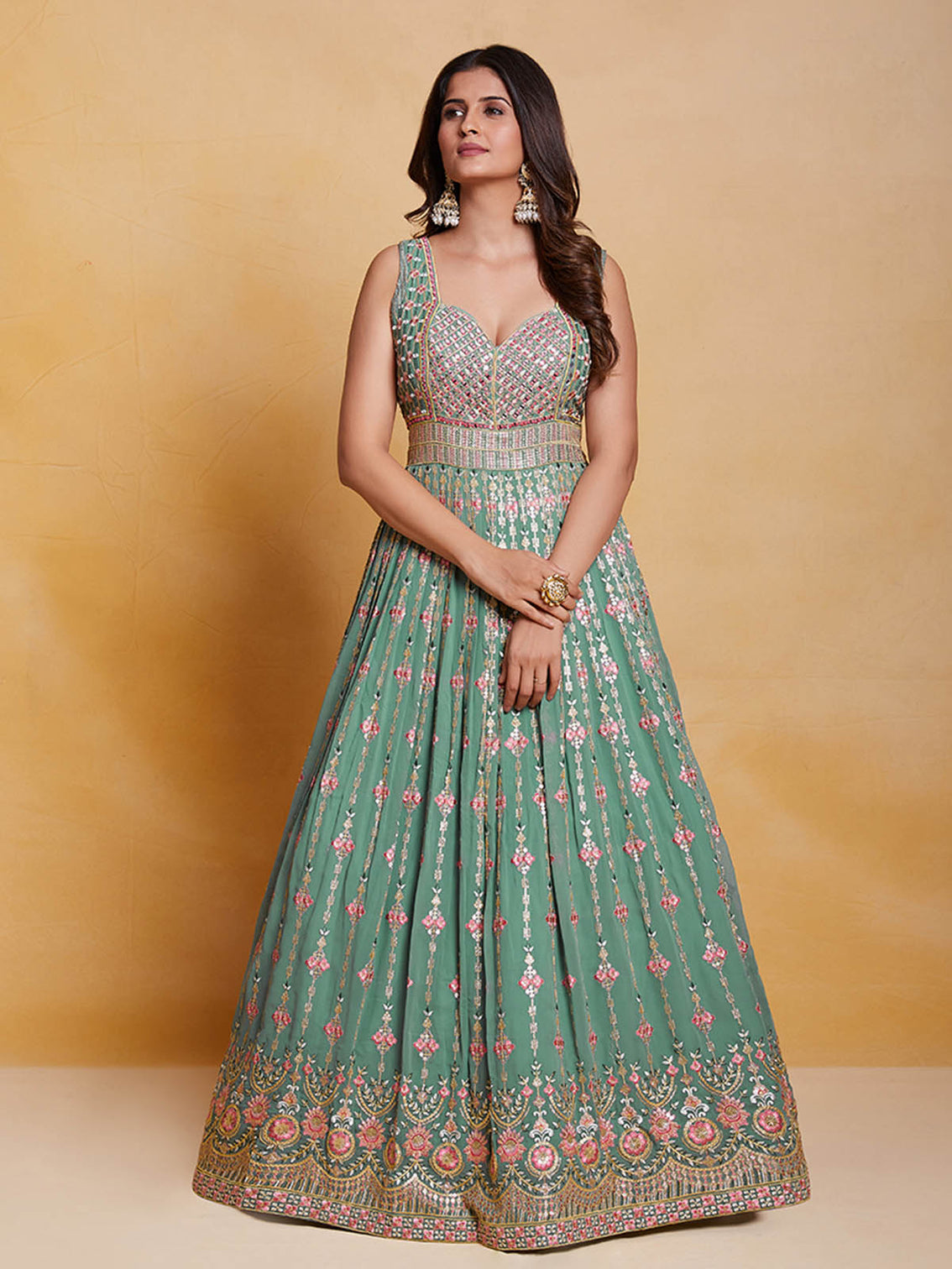 Sea Green Georgette Embroidered Stitched Gown